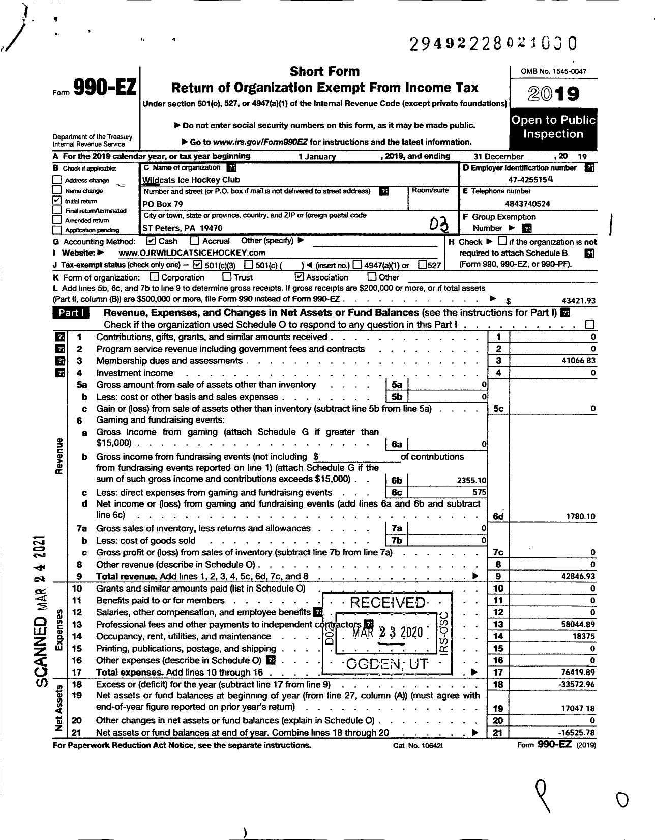 Image of first page of 2019 Form 990EZ for Wildcats Ice Hockey Club