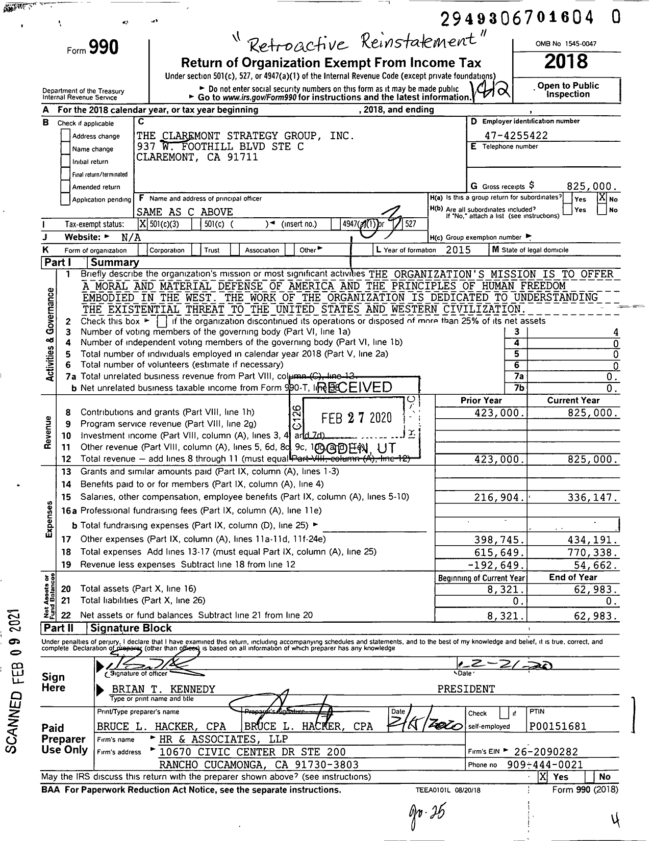 Image of first page of 2018 Form 990 for The American Strategy Group