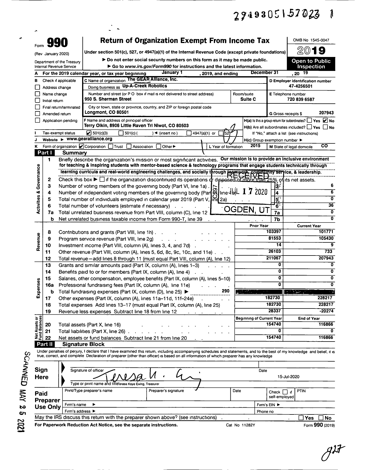 Image of first page of 2019 Form 990 for Up-A-Creek Robotics