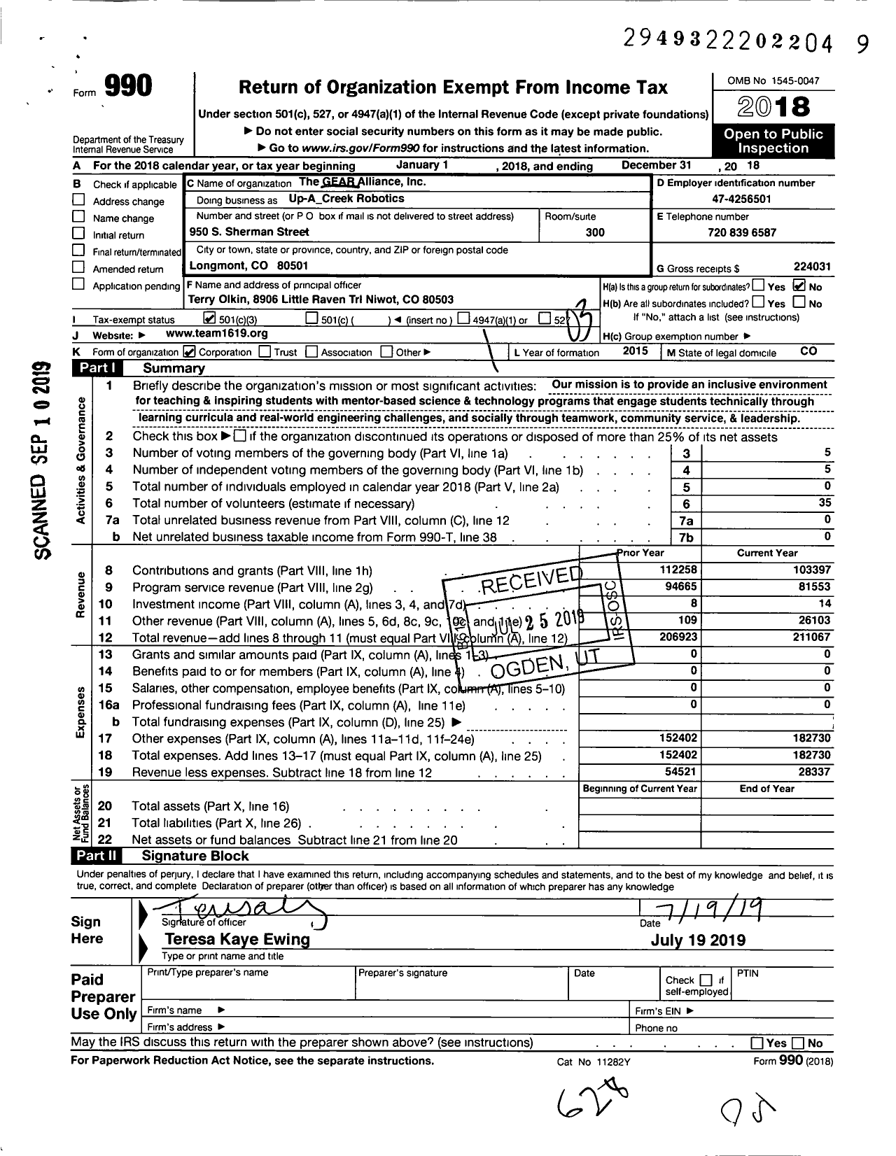 Image of first page of 2018 Form 990 for Up-A-Creek Robotics