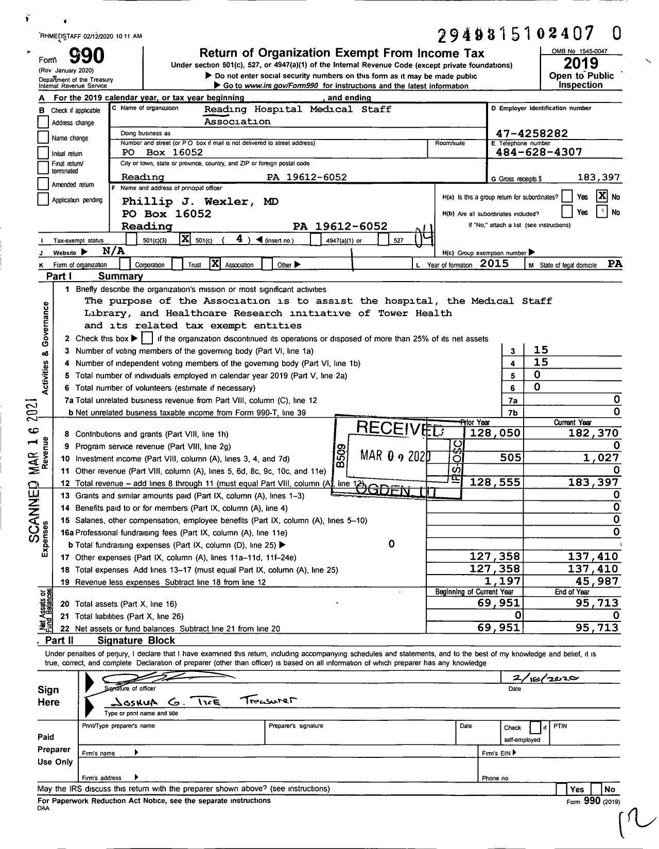 Image of first page of 2019 Form 990O for Reading Hospital Medical Staff Association