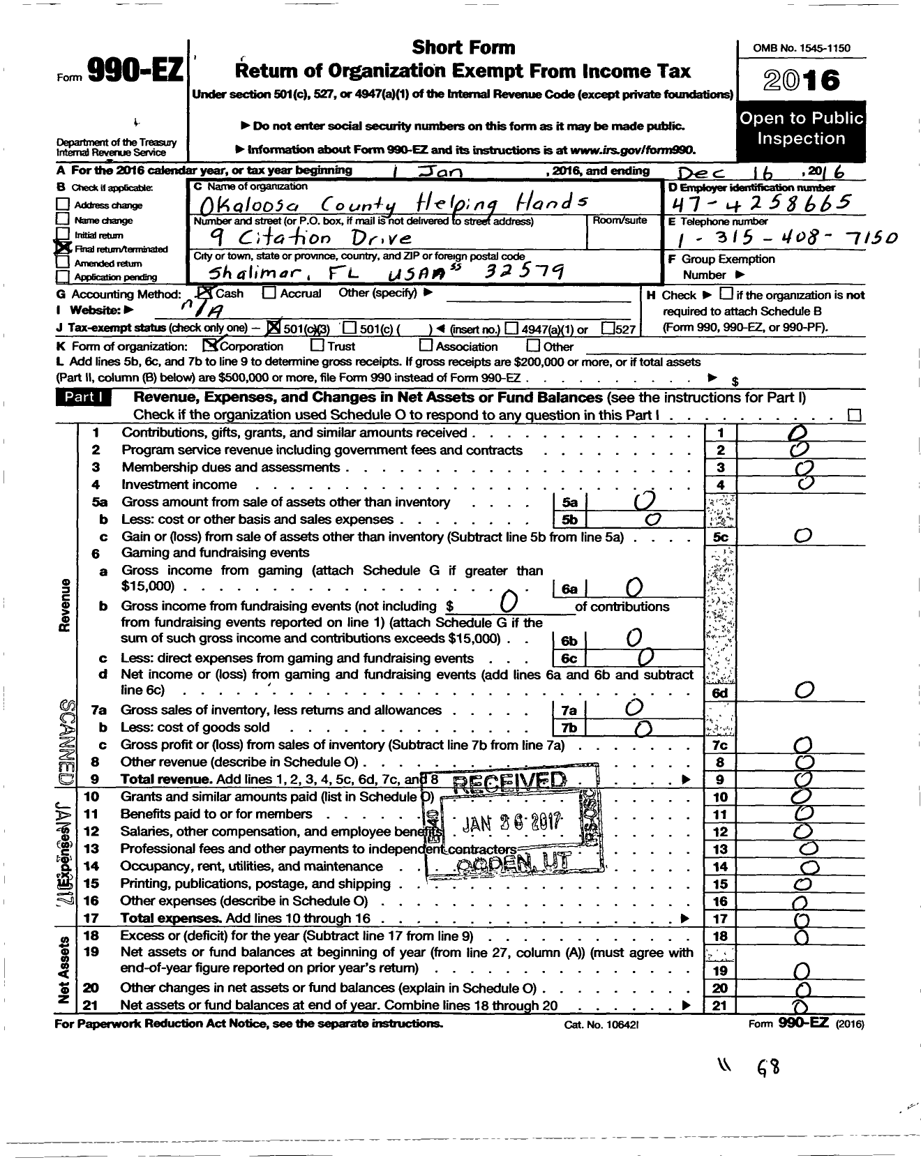 Image of first page of 2016 Form 990EZ for Okaloosa County Helping Hands