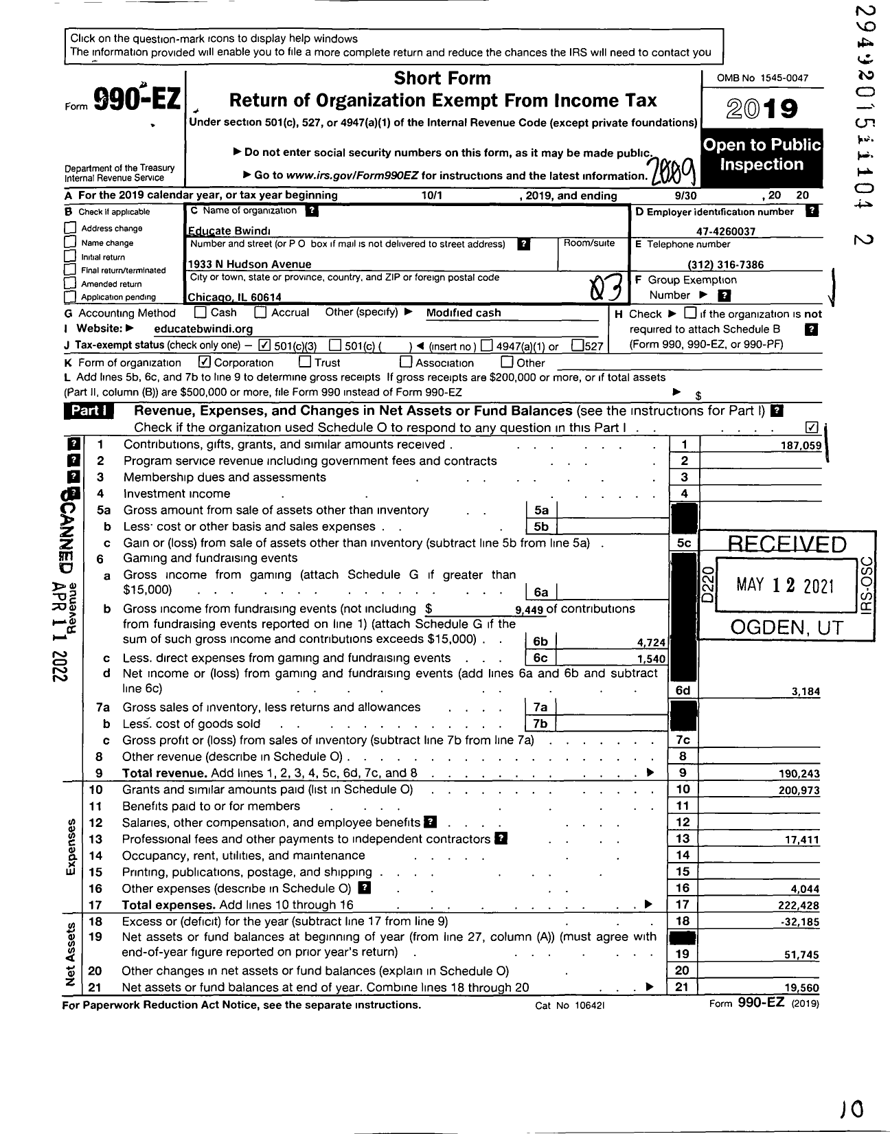 Image of first page of 2019 Form 990EZ for Educate Bwindi
