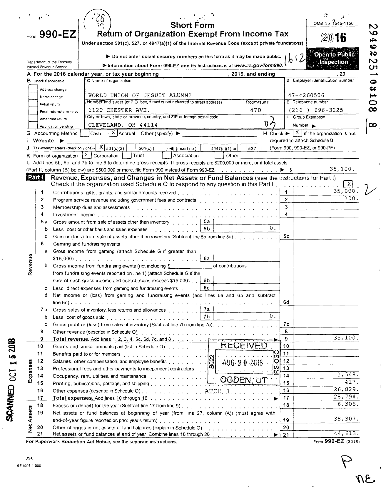 Image of first page of 2016 Form 990EZ for World Union of Jesuit Alumni - USA