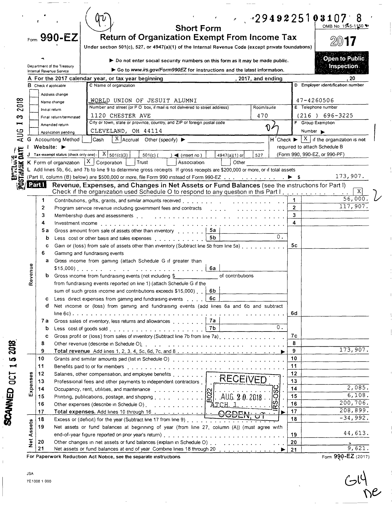 Image of first page of 2017 Form 990EZ for World Union of Jesuit Alumni - USA