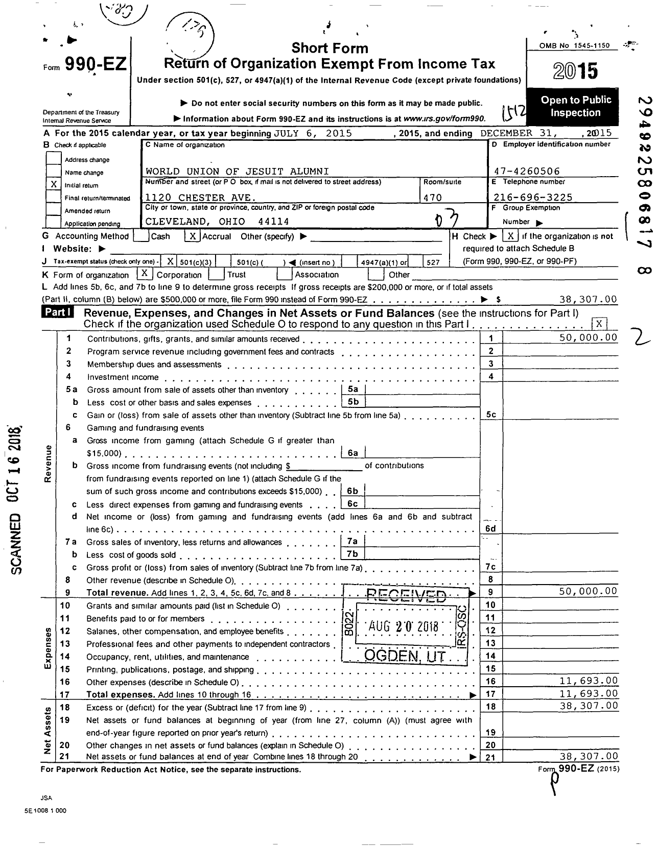 Image of first page of 2015 Form 990EZ for World Union of Jesuit Alumni - USA