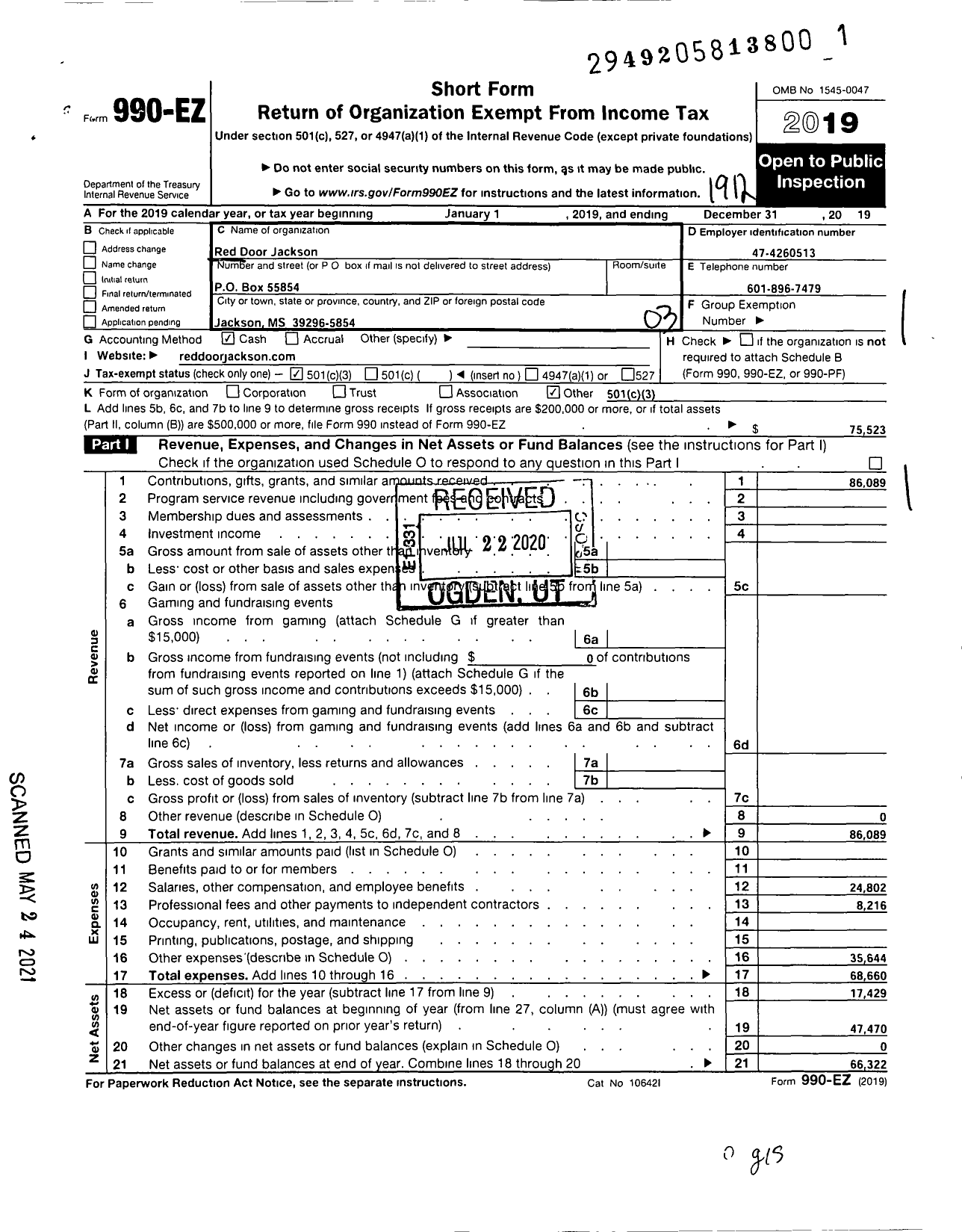 Image of first page of 2019 Form 990EZ for Red Door Jackson
