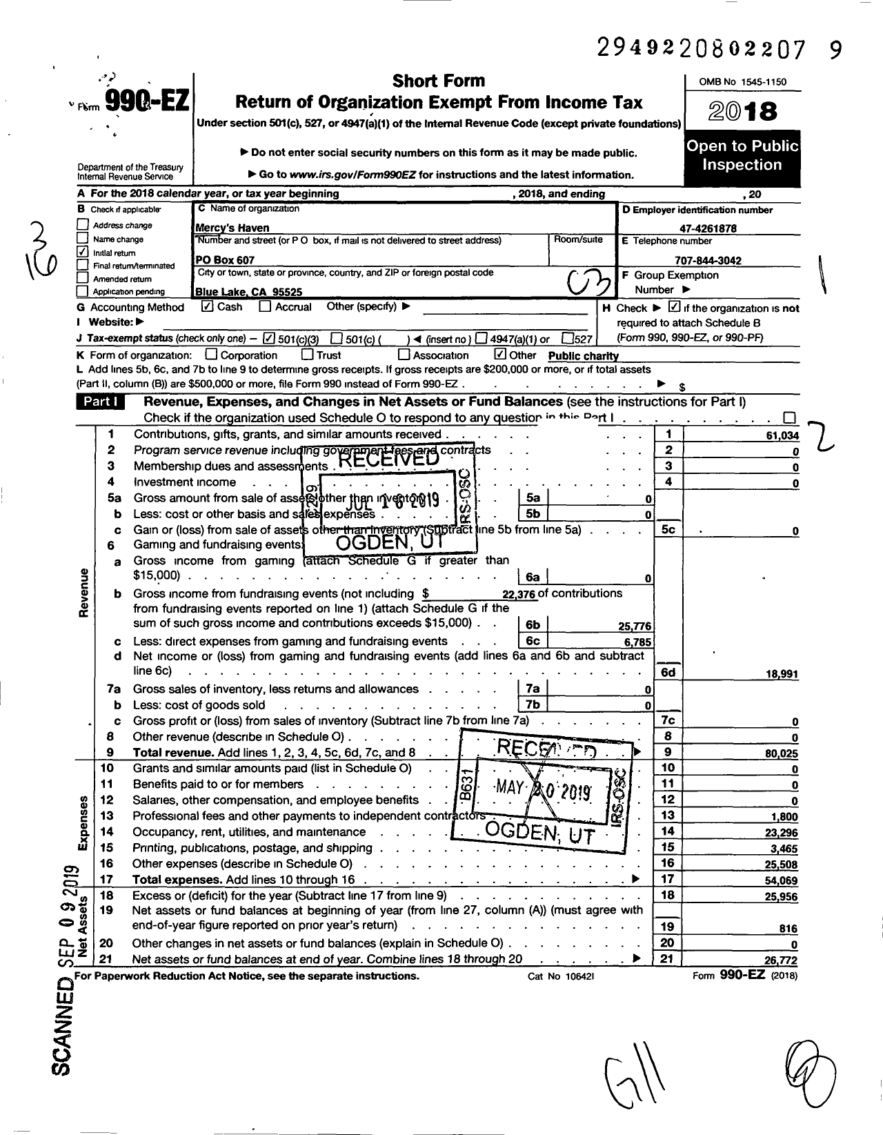 Image of first page of 2018 Form 990EZ for Mercys Haven