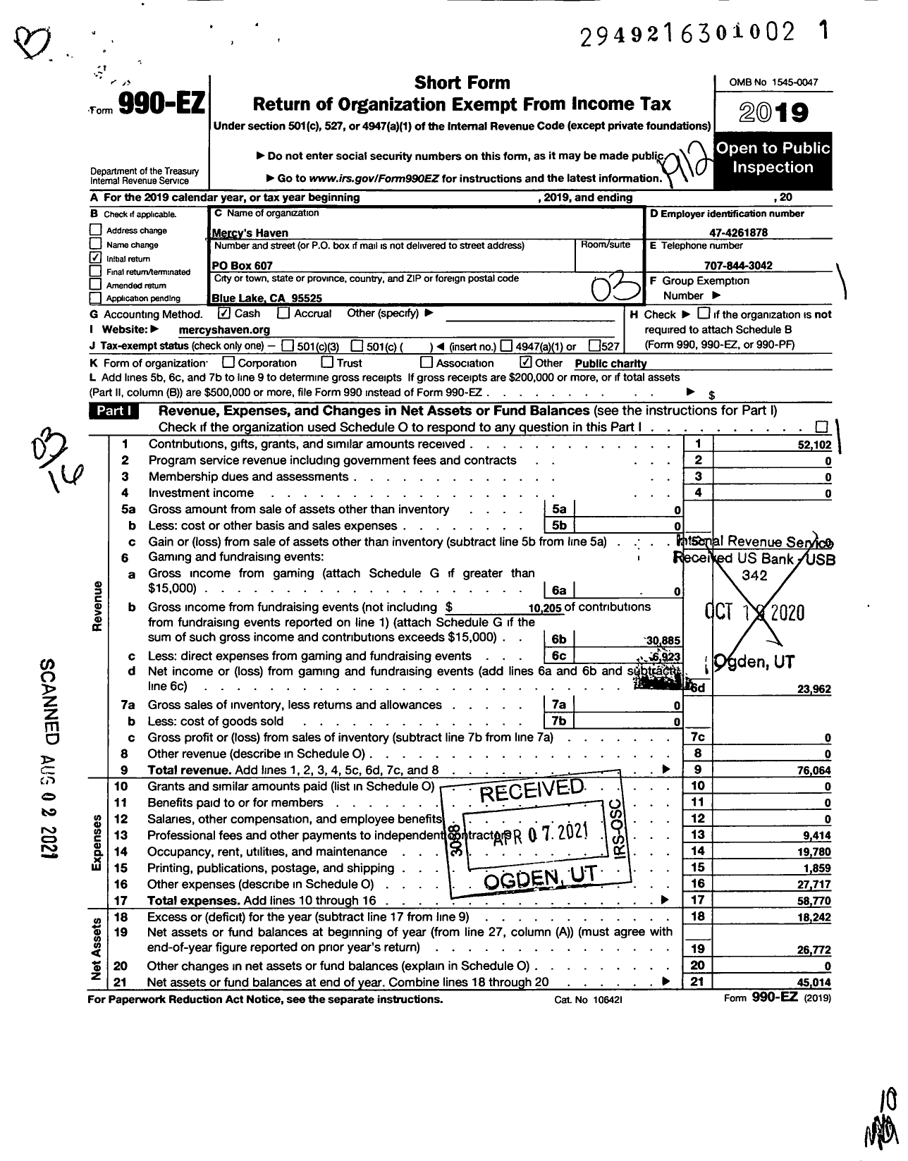 Image of first page of 2019 Form 990EZ for Mercys Haven