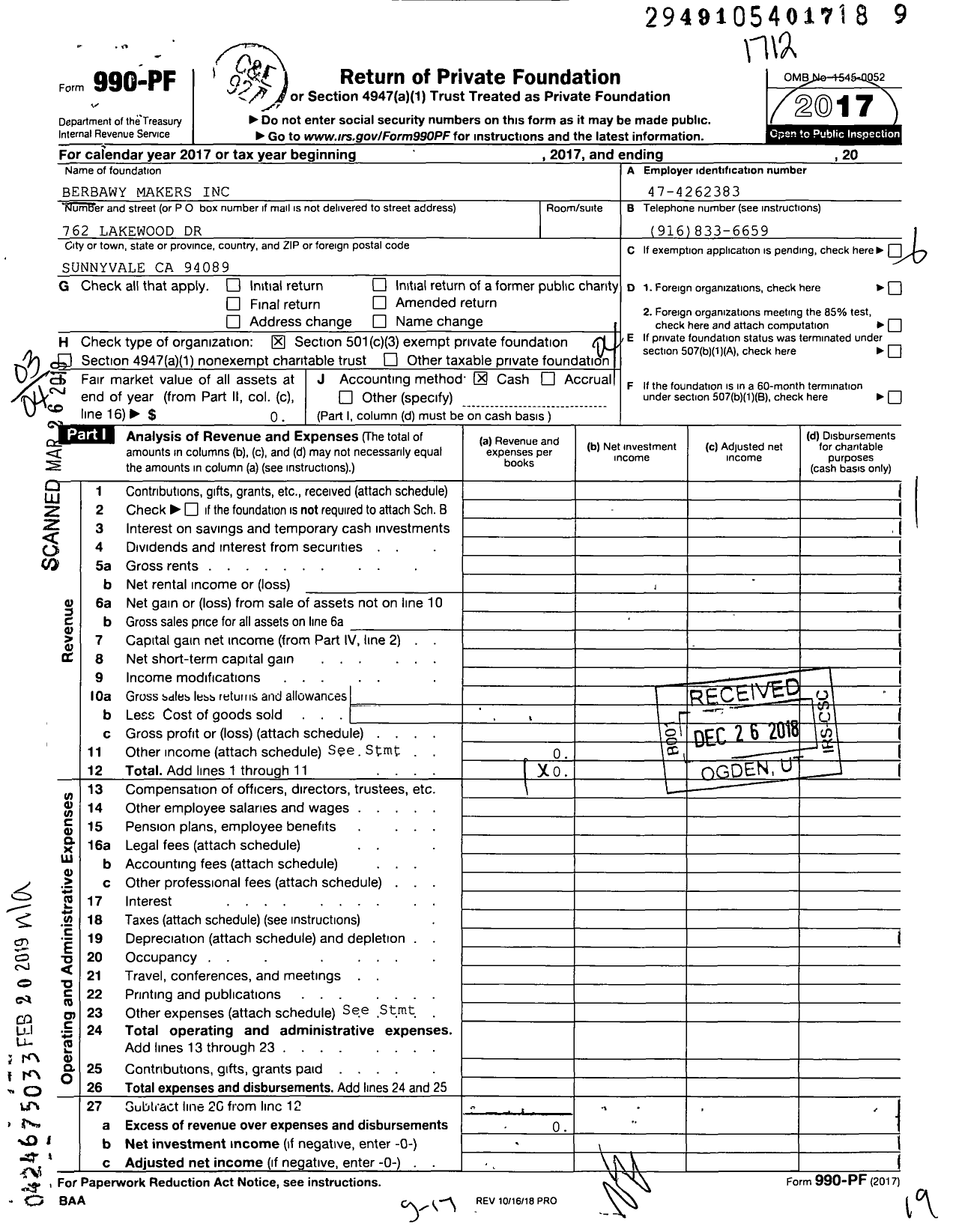 Image of first page of 2017 Form 990PF for Berbawy Makers