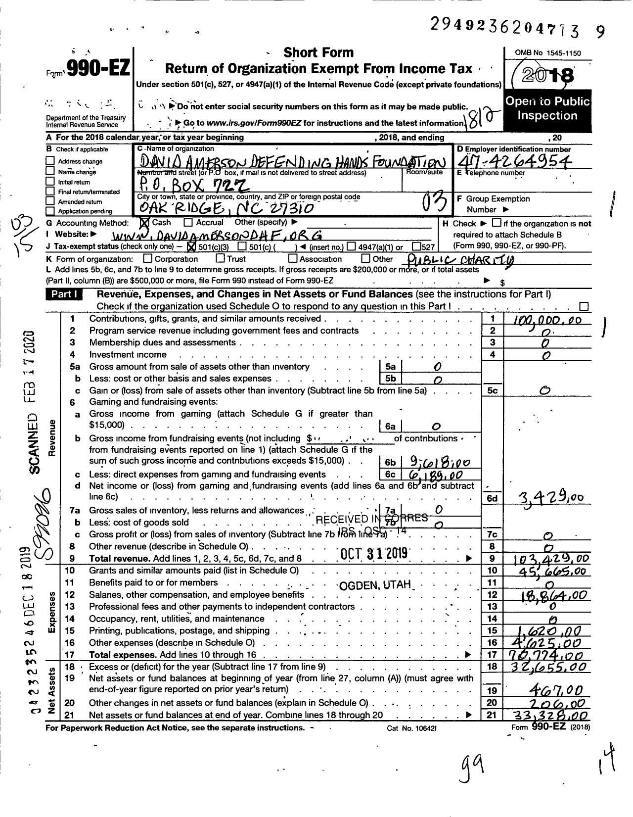 Image of first page of 2018 Form 990EZ for David Amerson Defending Hands Foundation