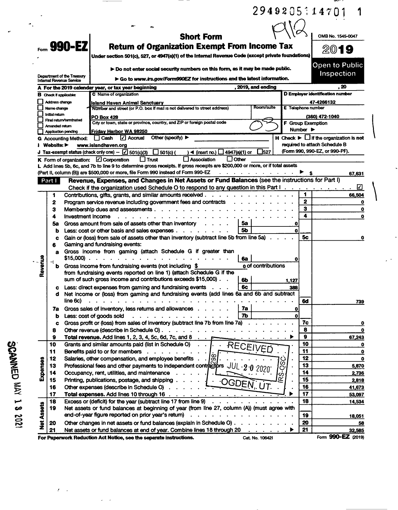 Image of first page of 2019 Form 990EZ for Island Haven Animal Sanctuary