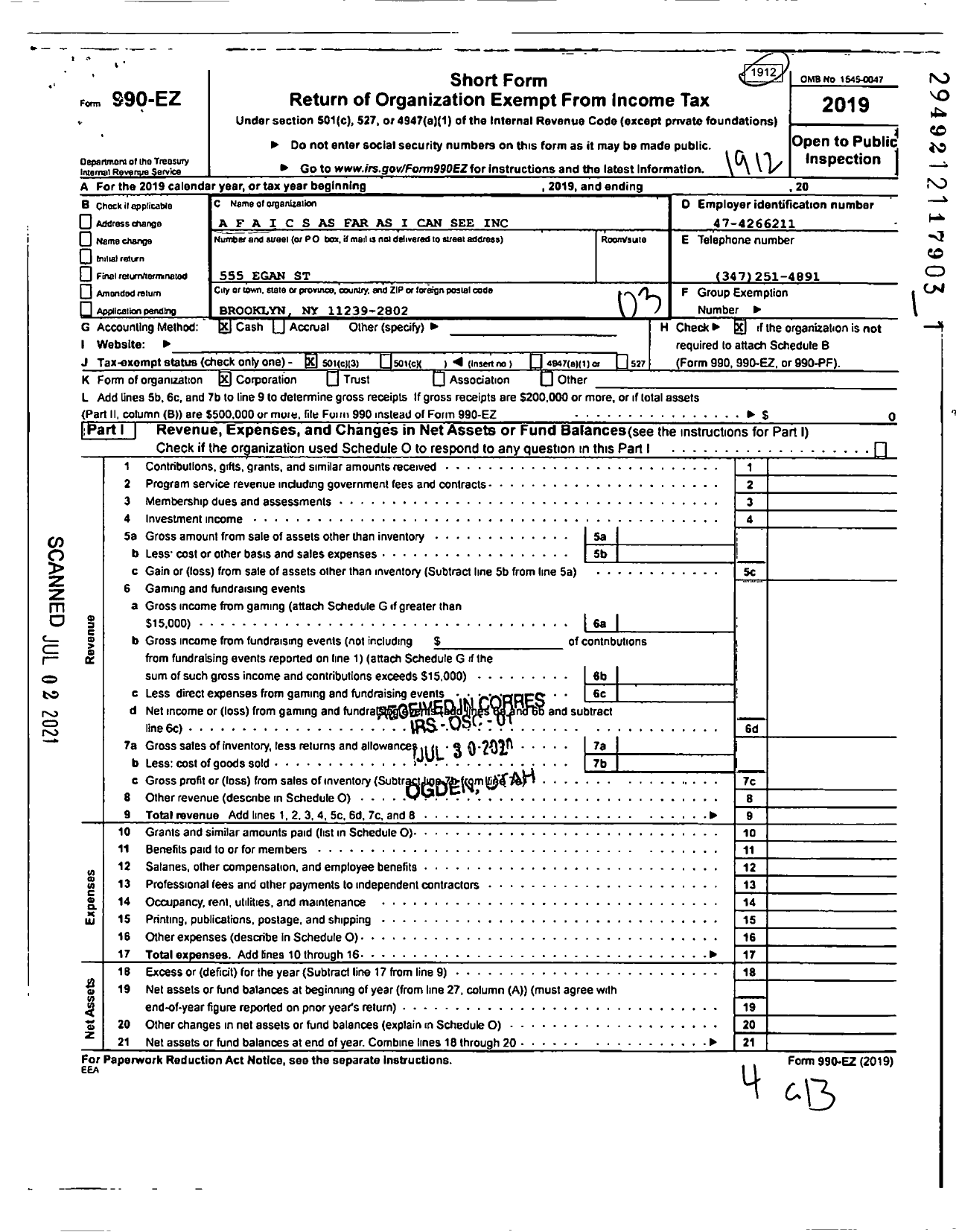 Image of first page of 2019 Form 990EZ for A F A I C S As Far As I Can See