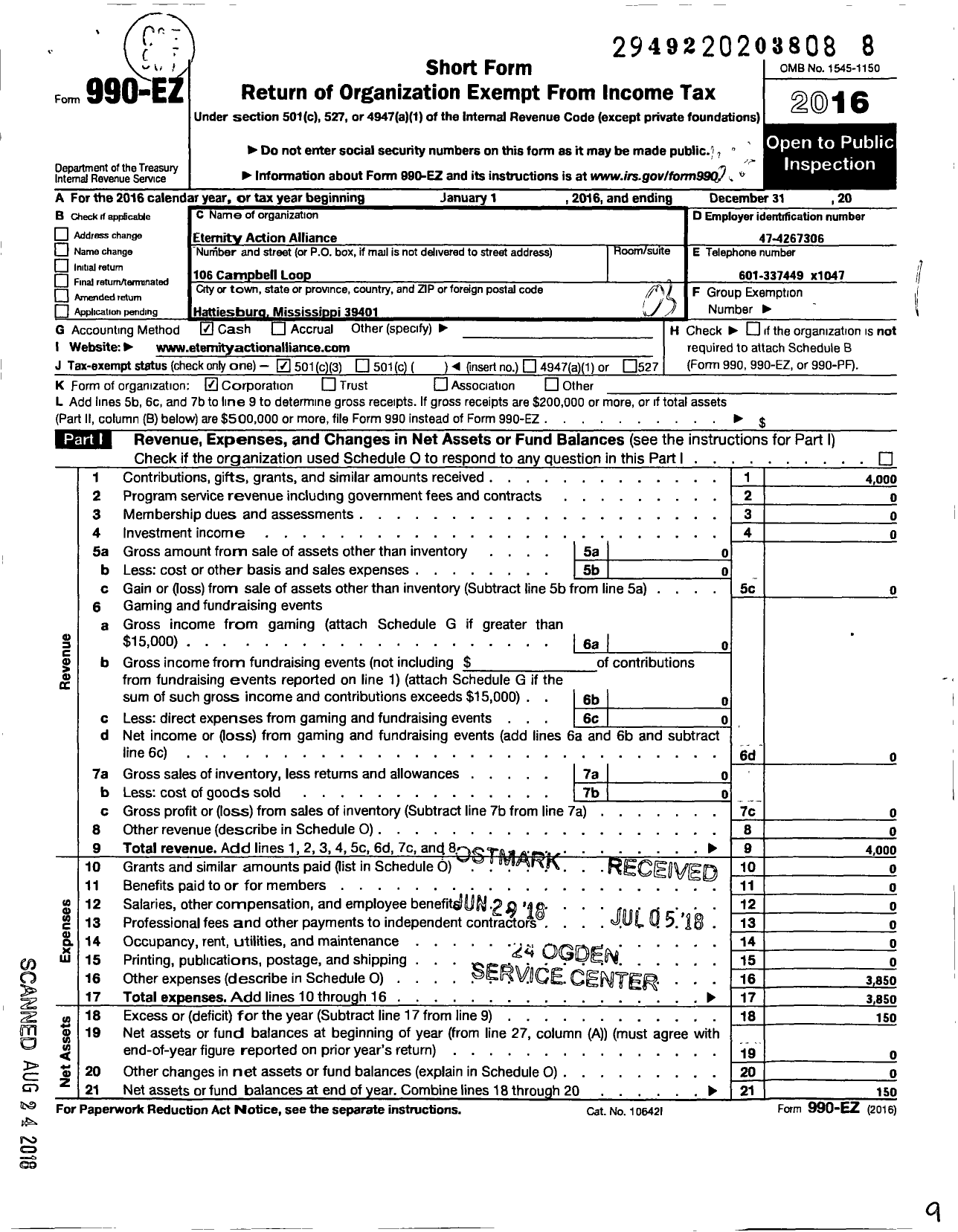 Image of first page of 2016 Form 990EZ for Eternity Action Alliance