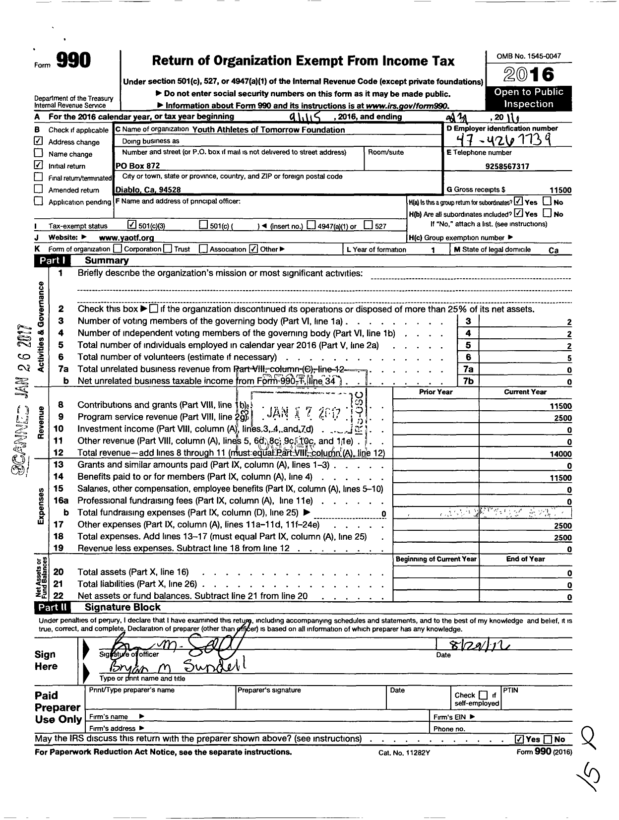 Image of first page of 2015 Form 990 for Amateur Athletic Union - Youth Athletes of Tomorrow Foundati