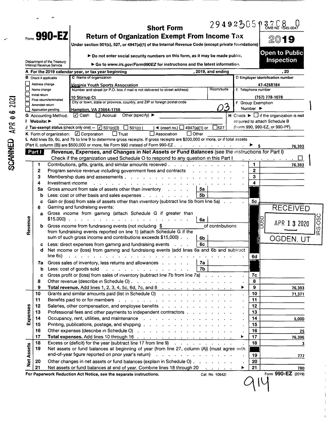 Image of first page of 2019 Form 990EZ for Virginia Youth Sports Association