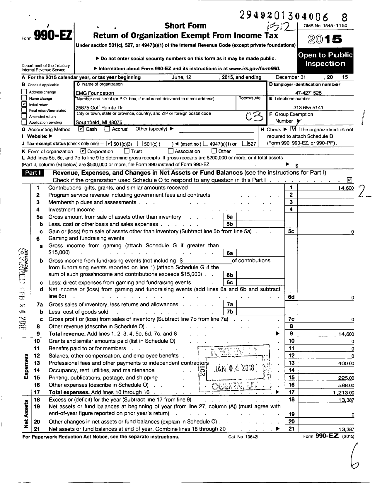 Image of first page of 2015 Form 990EZ for Emg Foundation