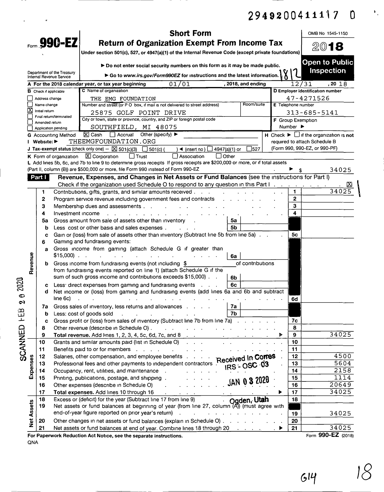 Image of first page of 2018 Form 990EZ for Emg Foundation