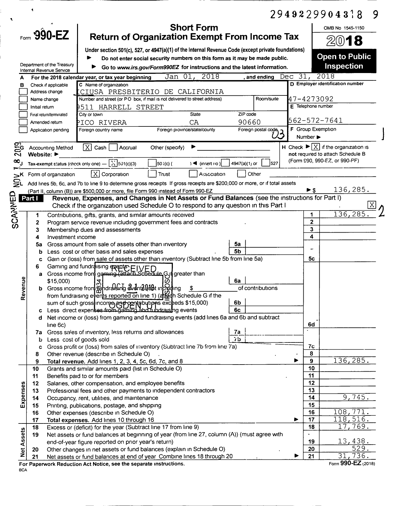 Image of first page of 2018 Form 990EZ for Iciusa Presbiterio de California