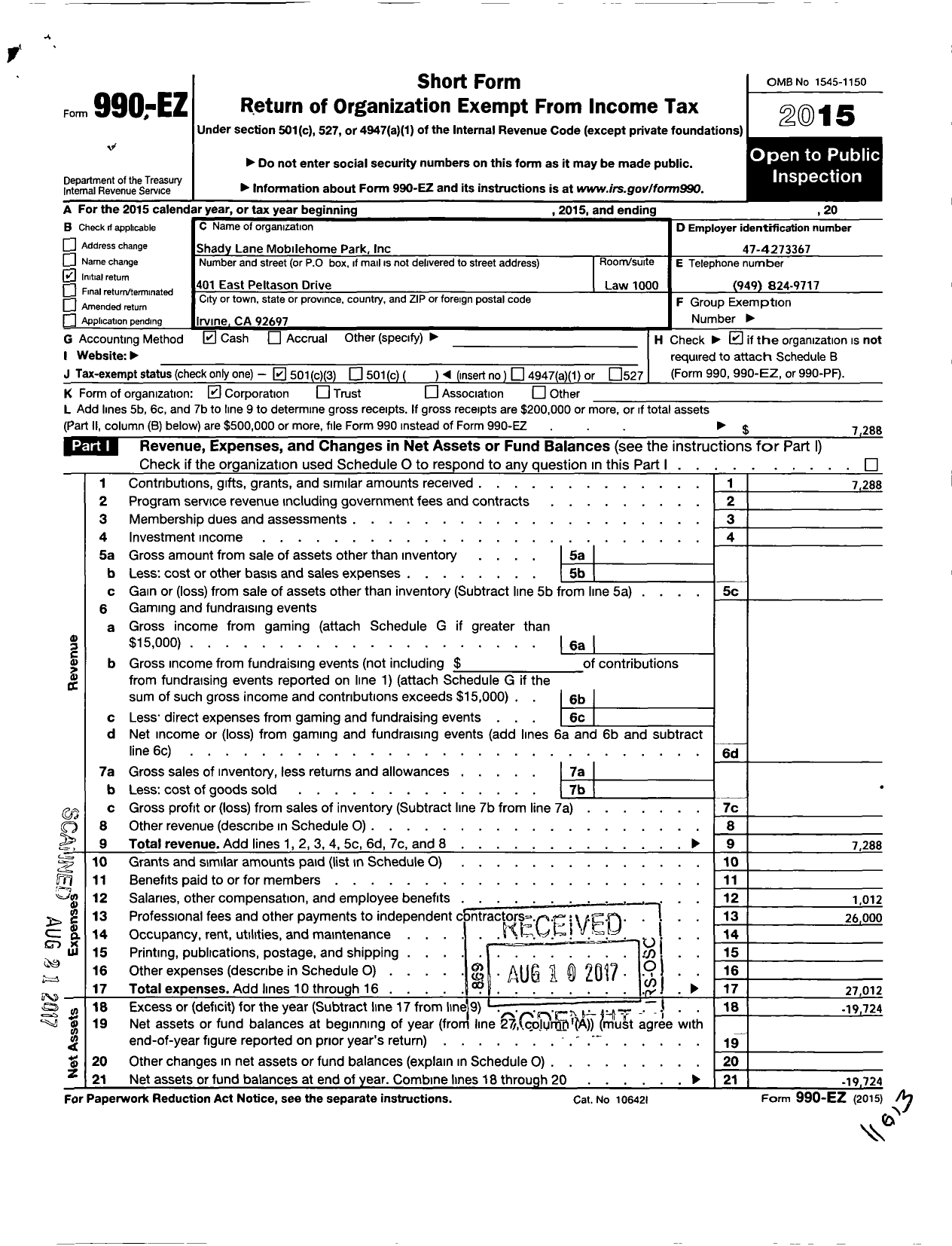 Image of first page of 2015 Form 990EZ for Shady Lane Mobilehome Park