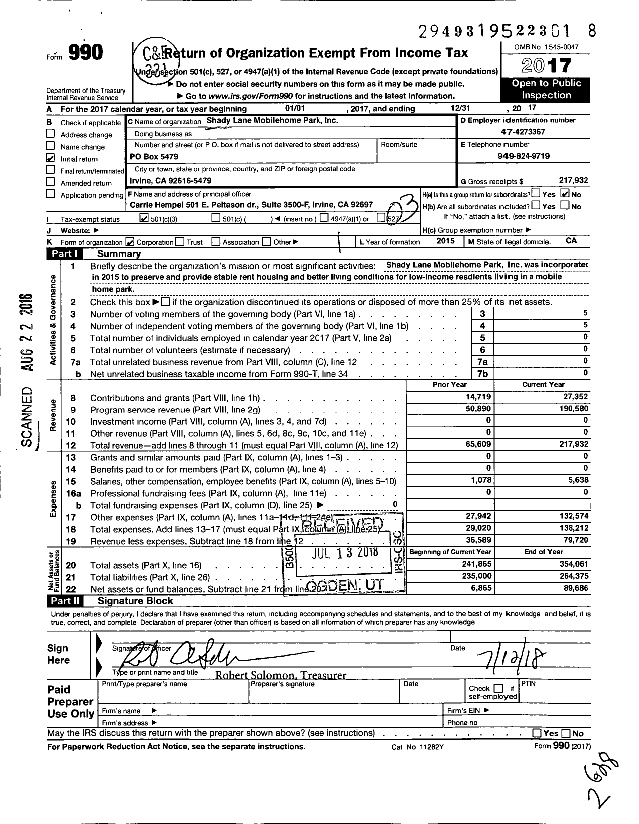 Image of first page of 2017 Form 990 for Shady Lane Mobilehome Park