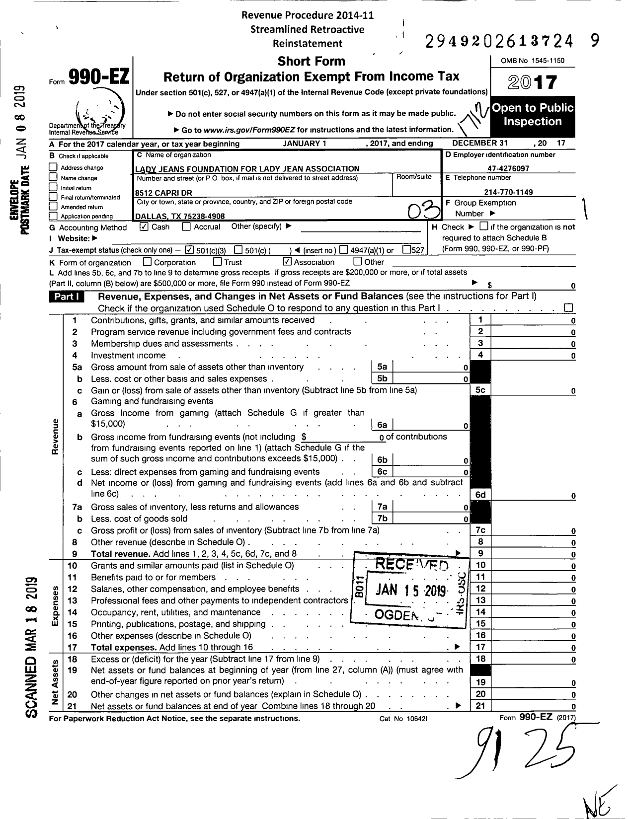 Image of first page of 2017 Form 990EZ for Lady Jeans Foundation for Self-Esteem / Lady Jean Association