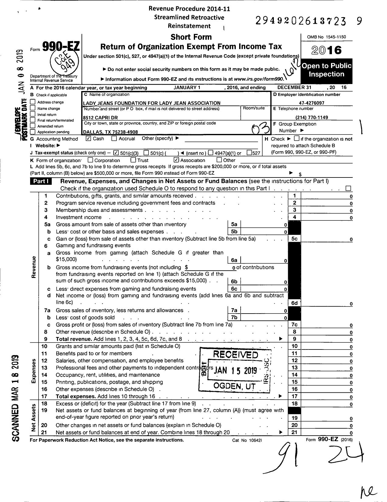 Image of first page of 2016 Form 990EZ for Lady Jeans Foundation for Self-Esteem / Lady Jean Association