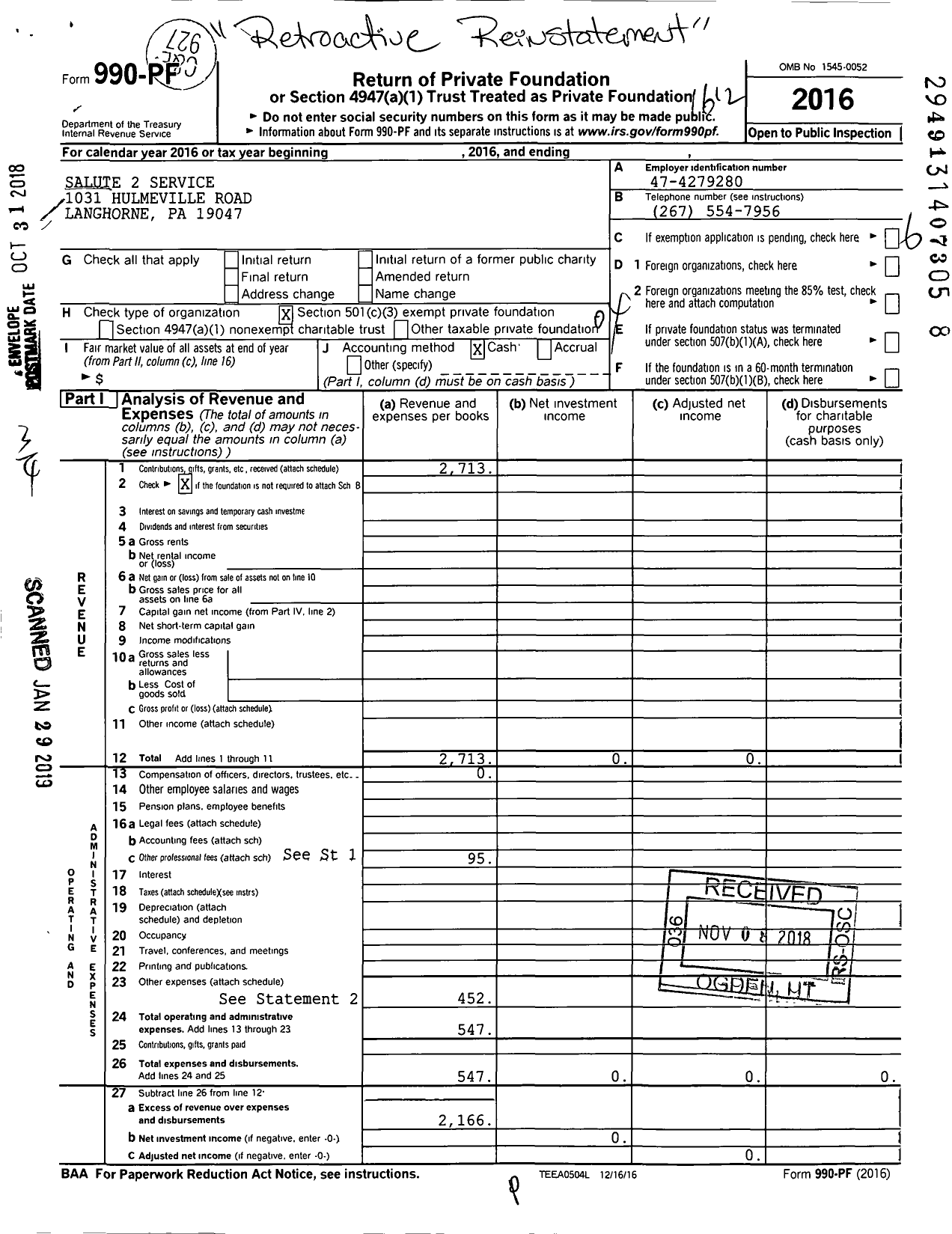 Image of first page of 2016 Form 990PF for Salute2service