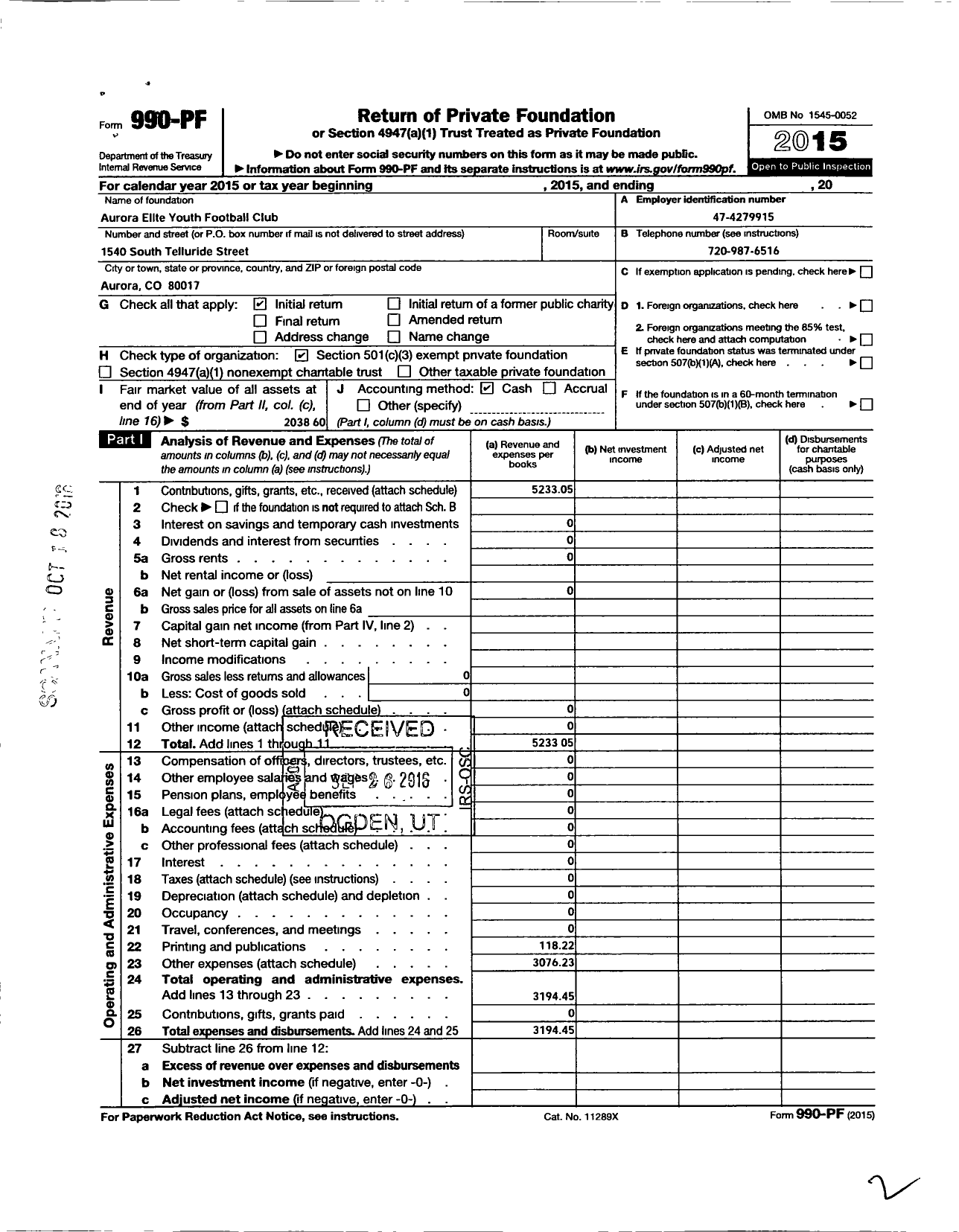 Image of first page of 2015 Form 990PF for Aurora Elite Youth Football Club