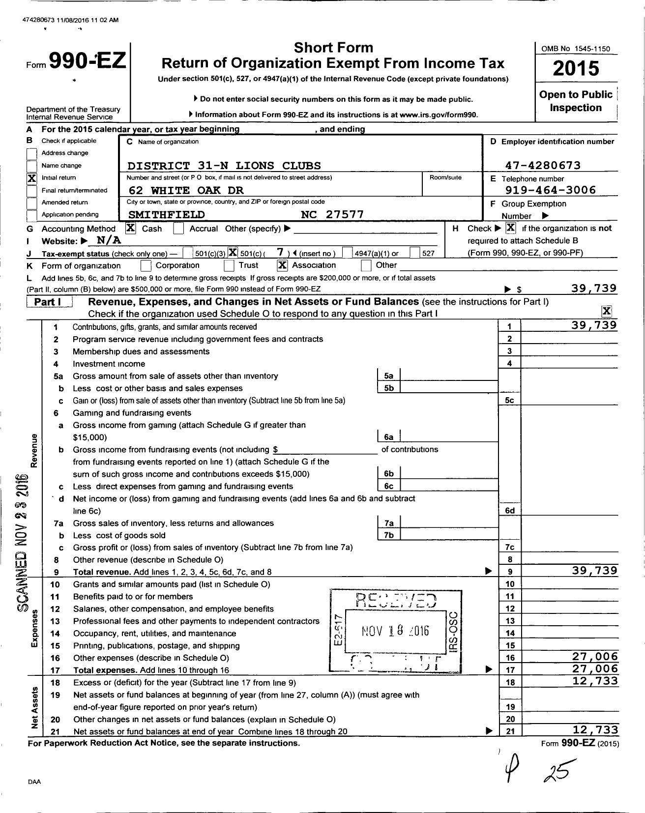 Image of first page of 2015 Form 990EO for District 31-n Lions Clubs