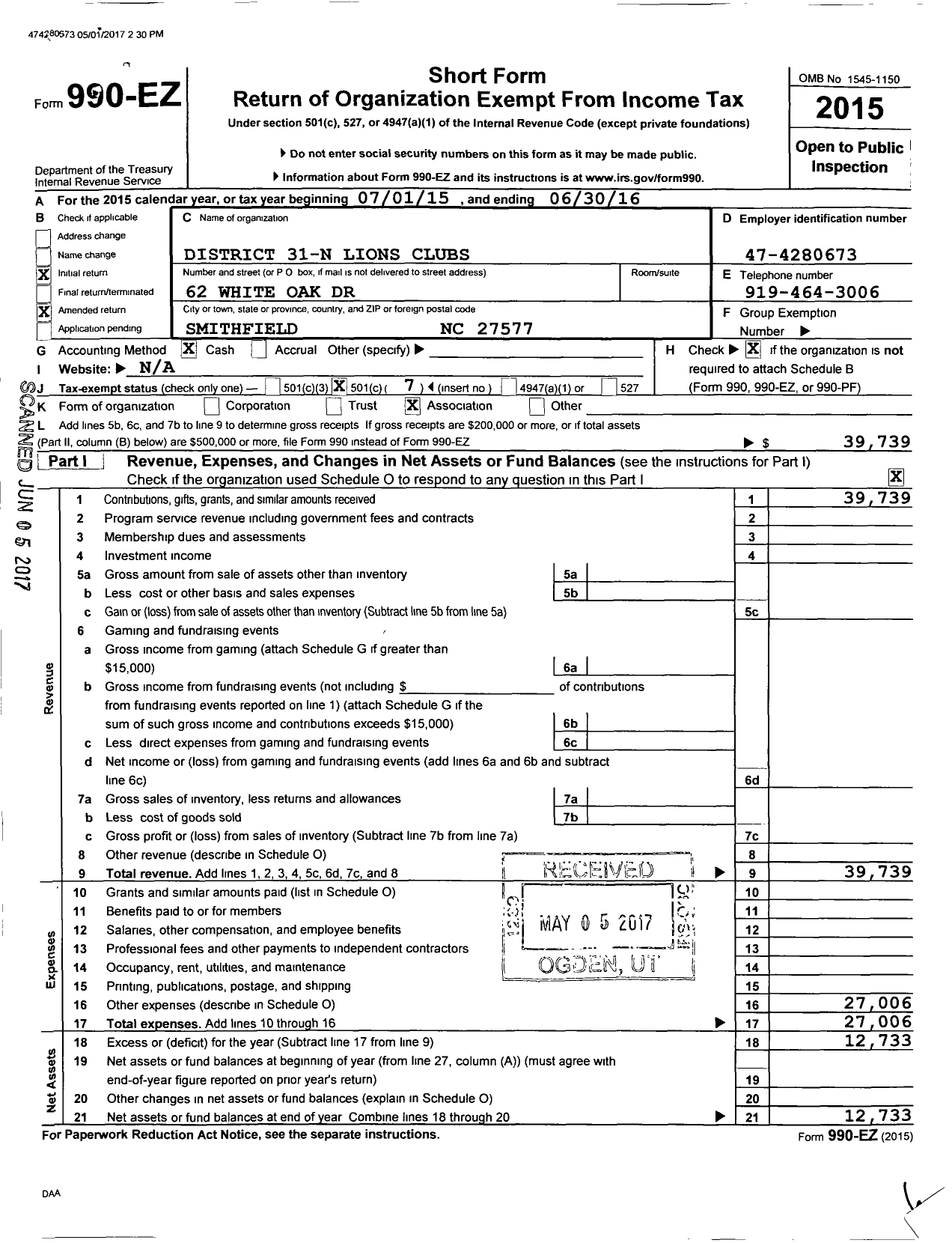 Image of first page of 2015 Form 990EO for District 31-n Lions Clubs