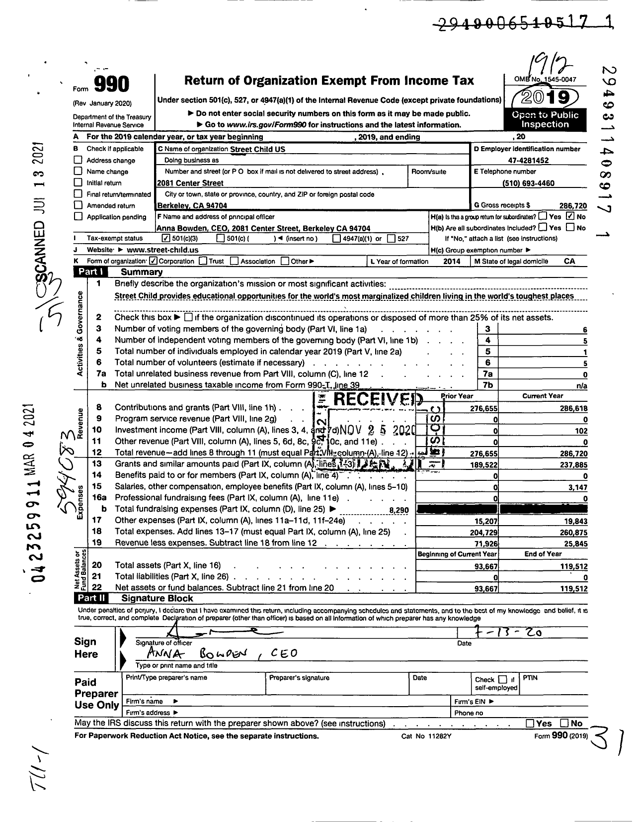 Image of first page of 2019 Form 990 for Street Child Us