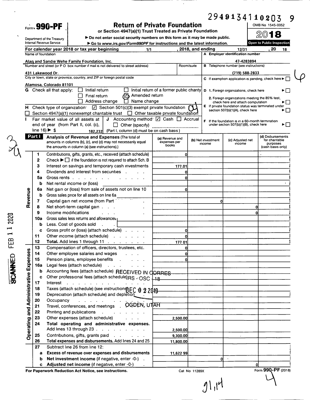 Image of first page of 2018 Form 990PF for Alan and Sandie Wehe Family Foundation