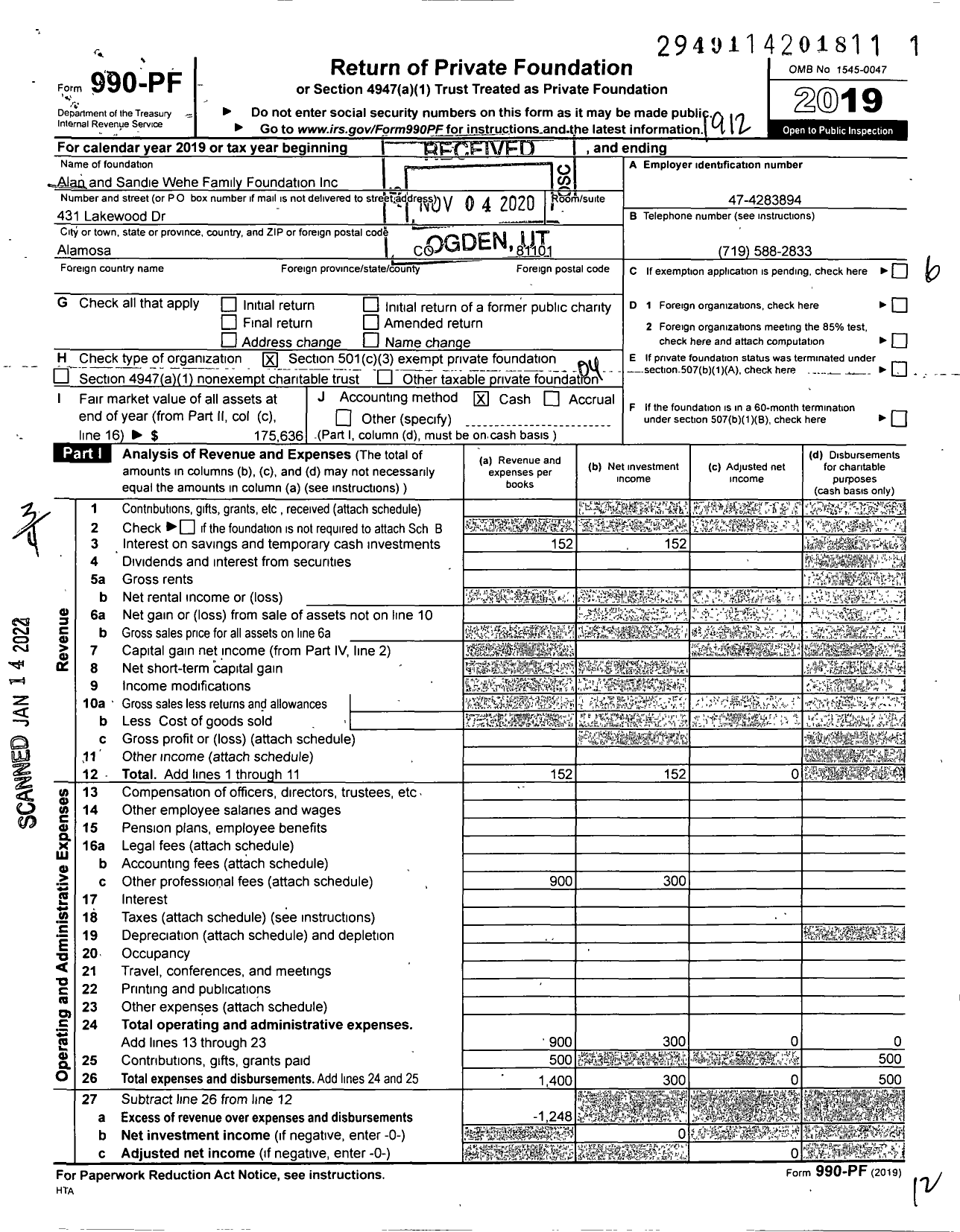 Image of first page of 2019 Form 990PF for Alan and Sandie Wehe Family Foundation