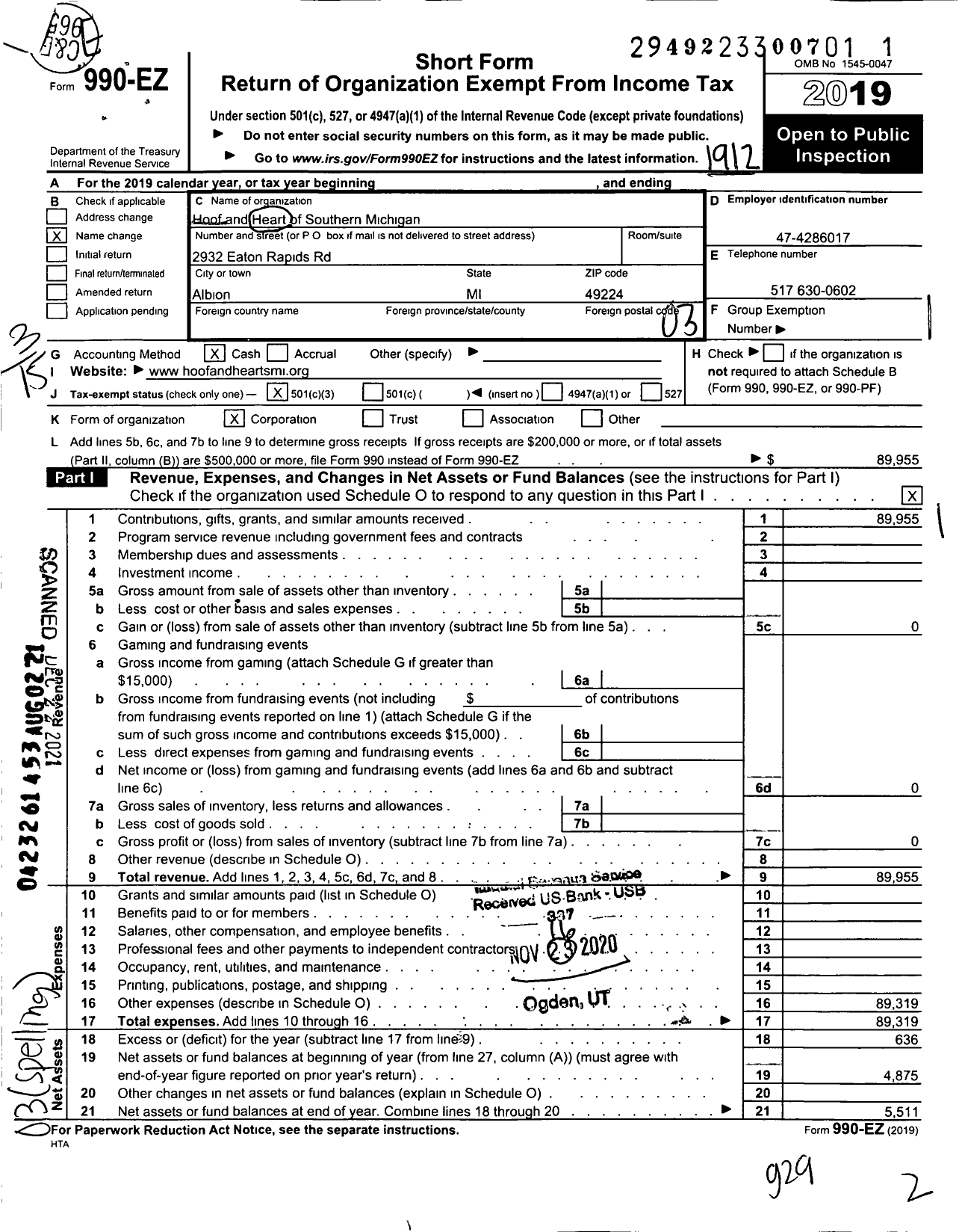 Image of first page of 2019 Form 990EZ for Hoof and Heart of Southern Michigan