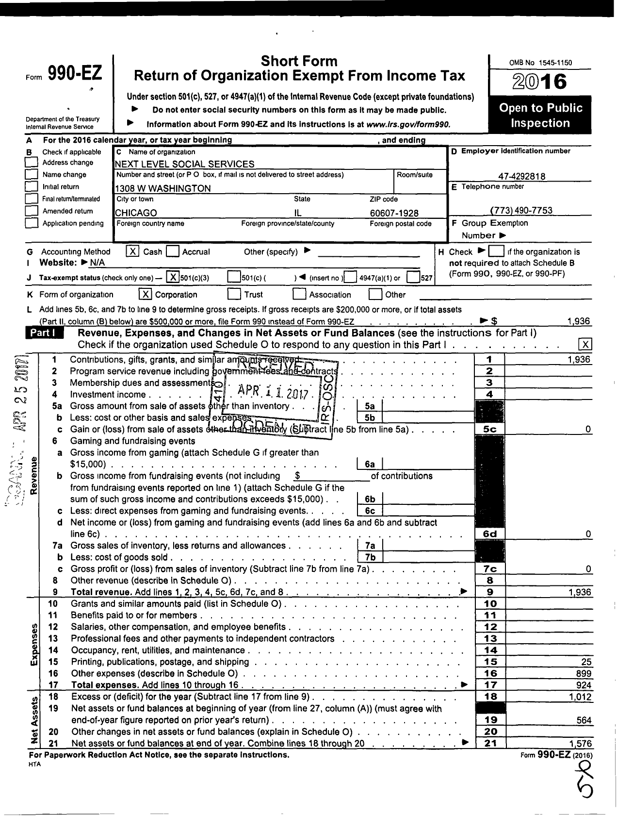 Image of first page of 2016 Form 990EZ for Next Level Social Services