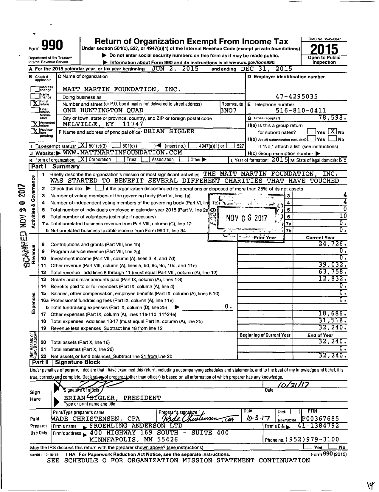 Image of first page of 2015 Form 990 for Matt Martin Foundation