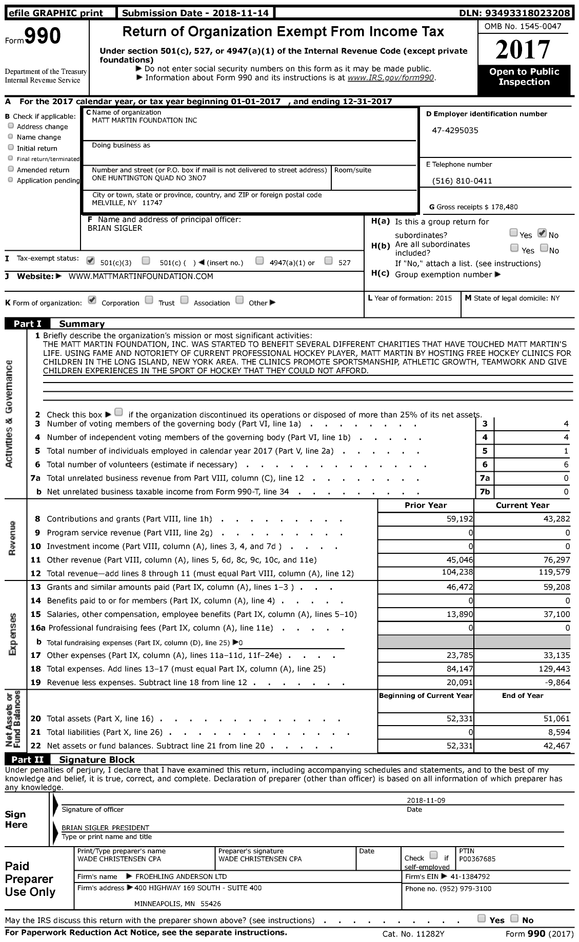 Image of first page of 2017 Form 990 for Matt Martin Foundation