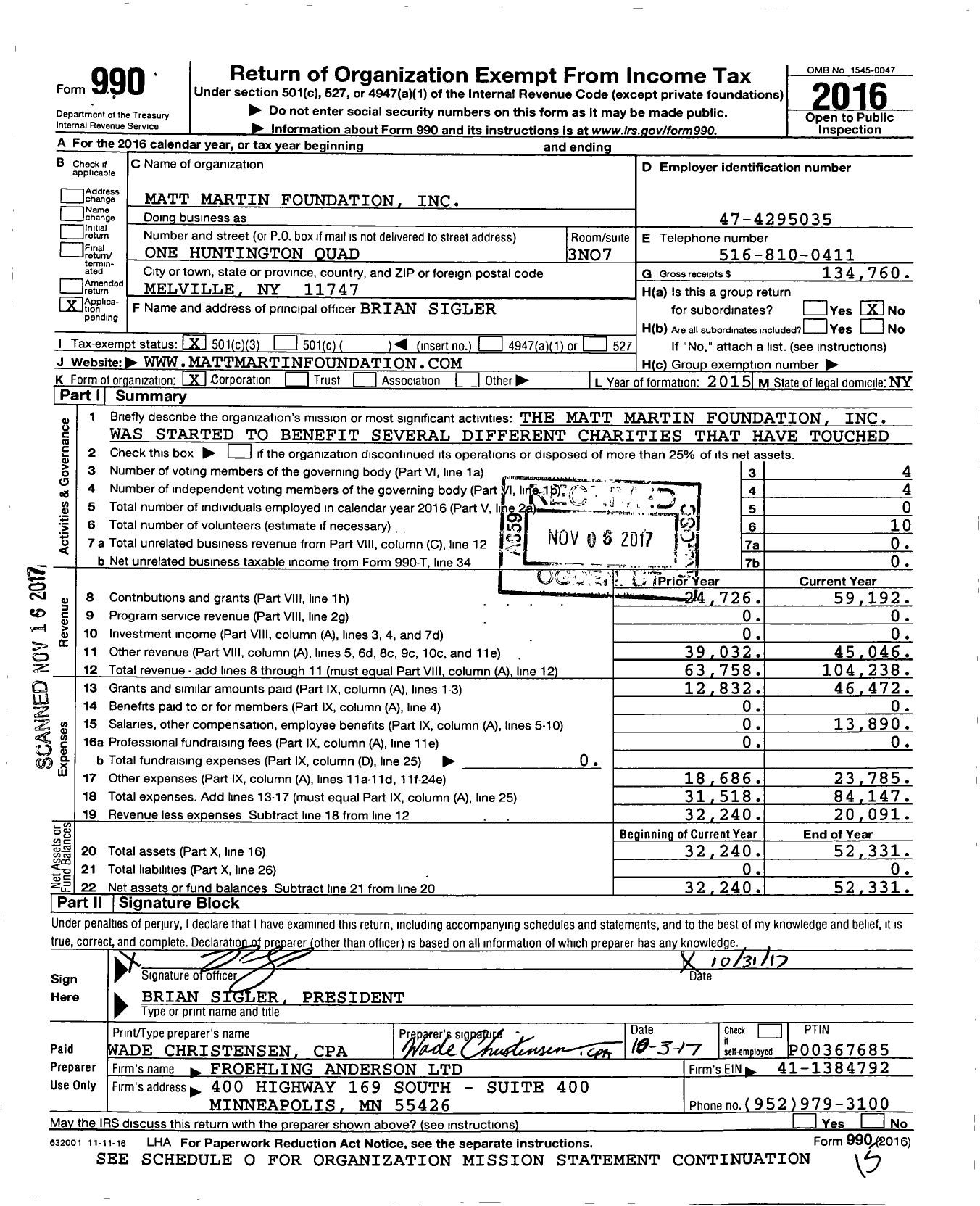 Image of first page of 2016 Form 990 for Matt Martin Foundation