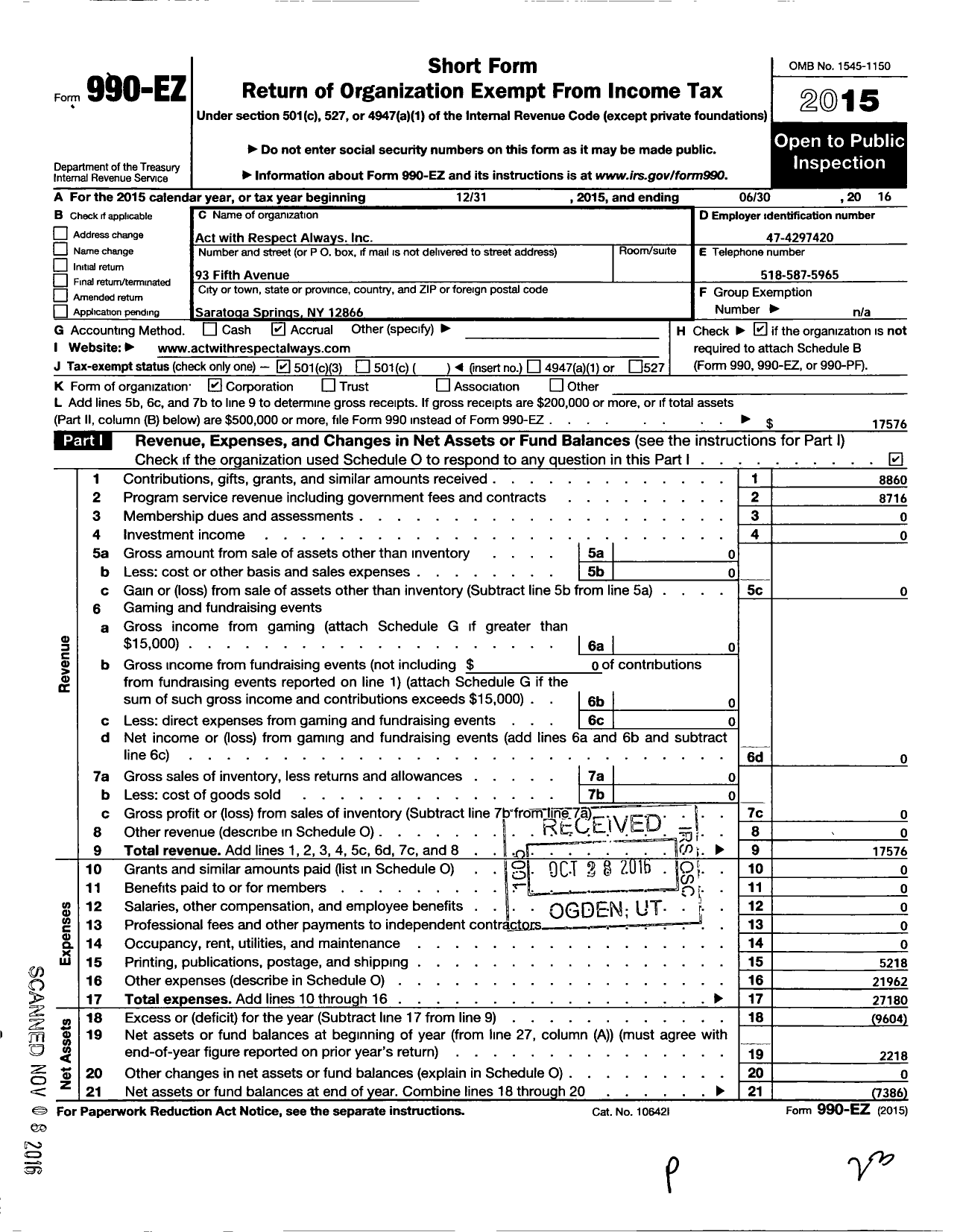 Image of first page of 2015 Form 990EZ for Act with Respect Always