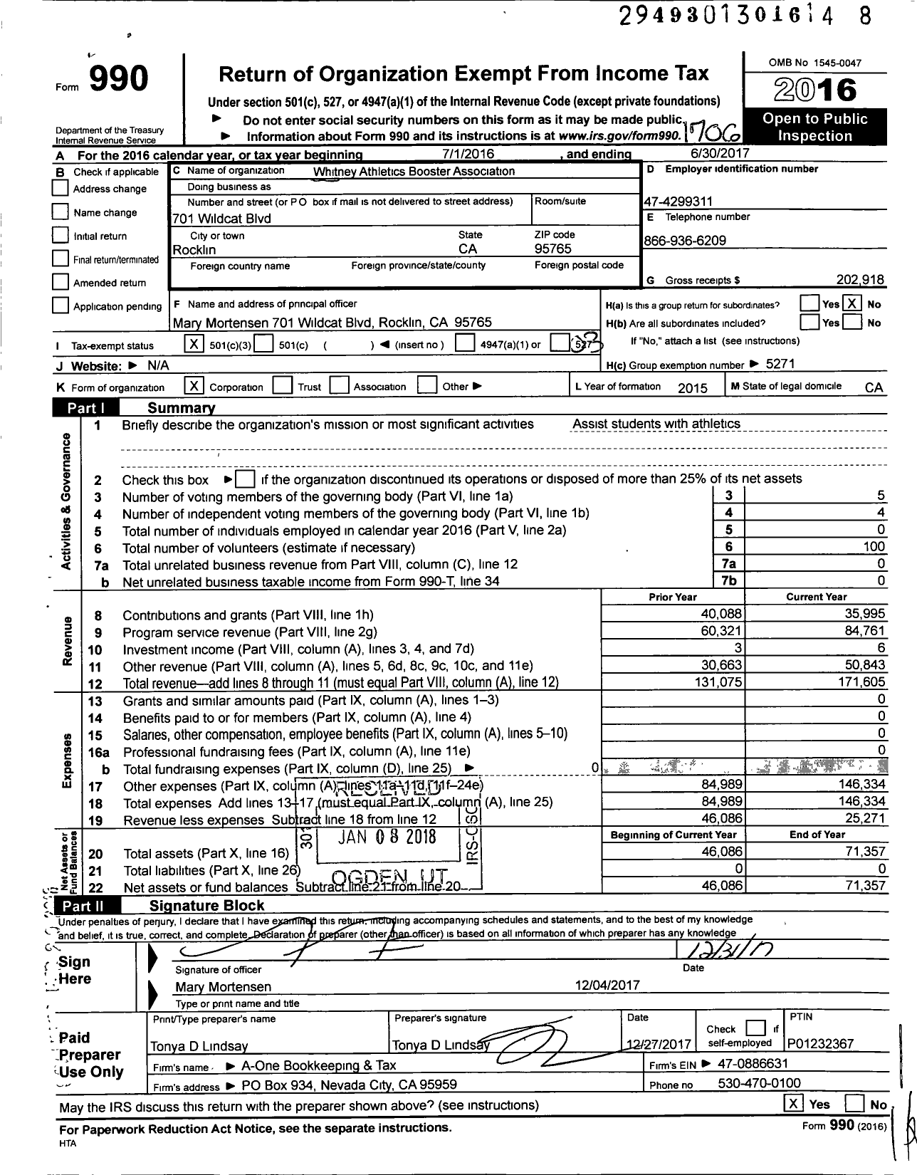 Image of first page of 2016 Form 990 for Whitney Athletics Booster Association