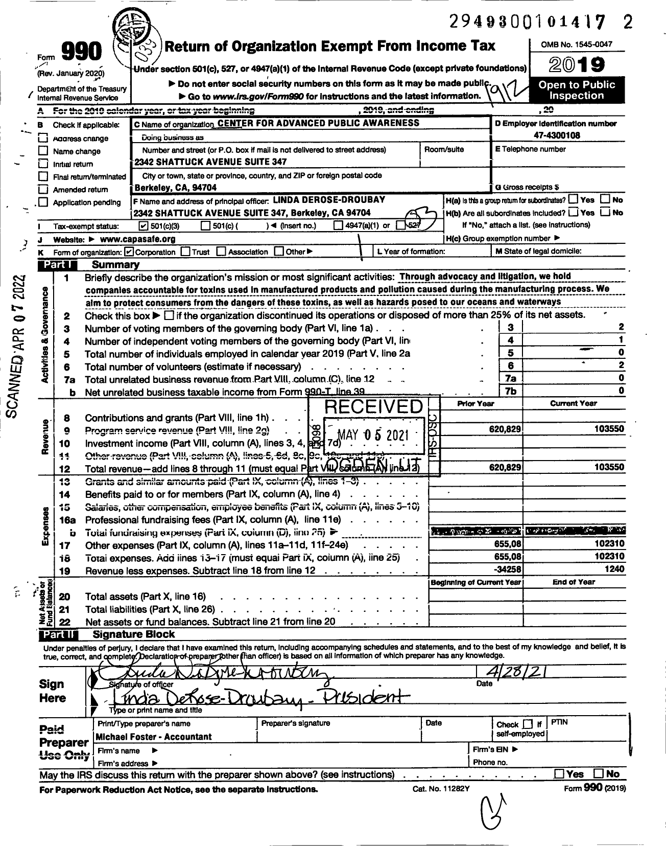 Image of first page of 2019 Form 990 for Center for Advanced Public Awareness