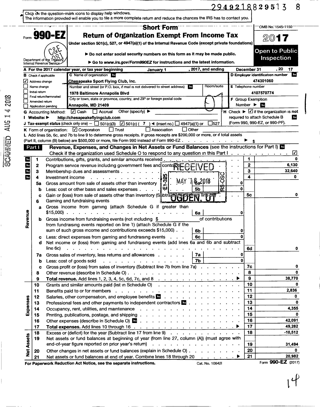 Image of first page of 2017 Form 990EO for Chesapeake Sport Pilot Flying Club