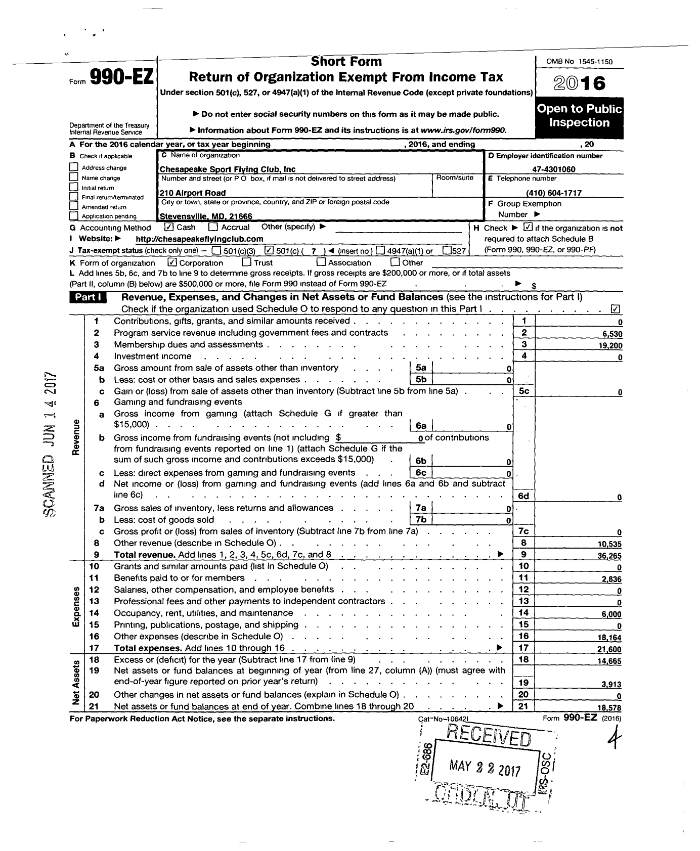 Image of first page of 2016 Form 990EO for Chesapeake Sport Pilot Flying Club