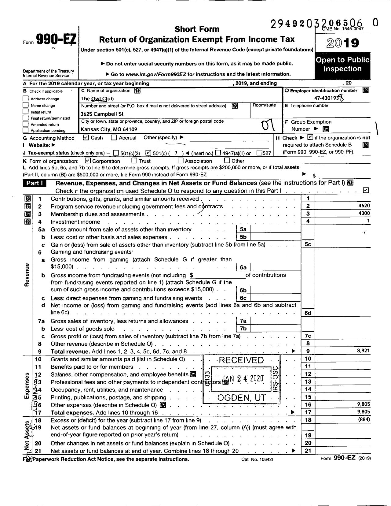 Image of first page of 2019 Form 990EO for Owl Club