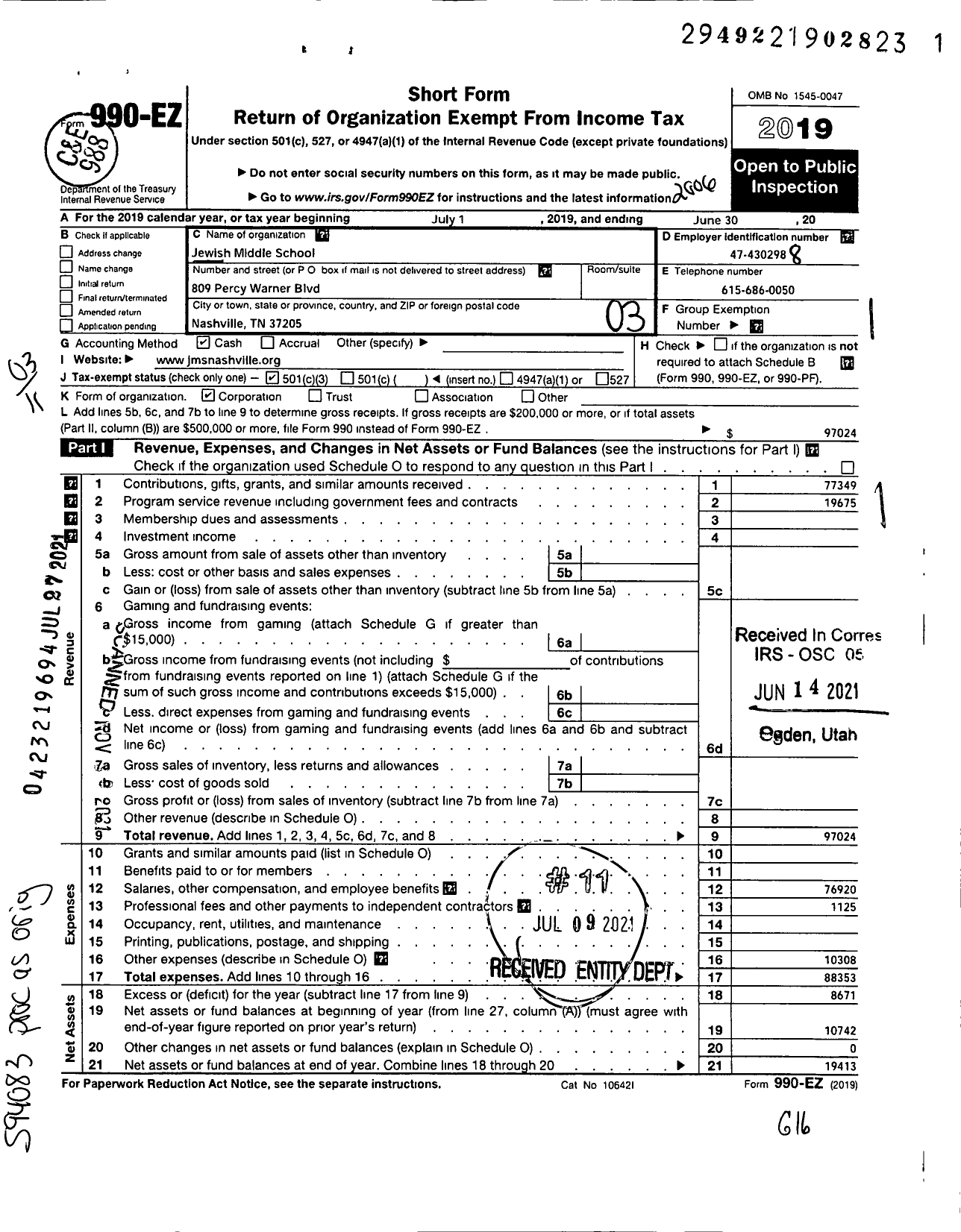 Image of first page of 2019 Form 990EZ for Jewish Upper School of Nashville