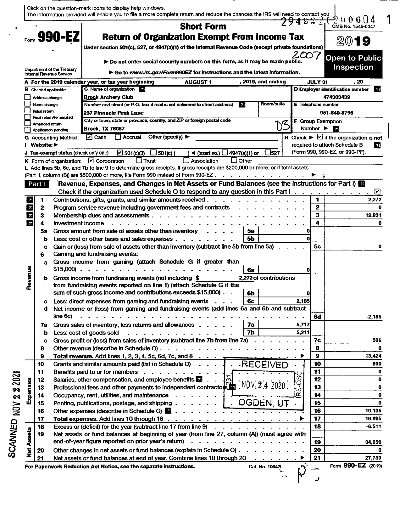 Image of first page of 2019 Form 990EZ for Brock Archery Club