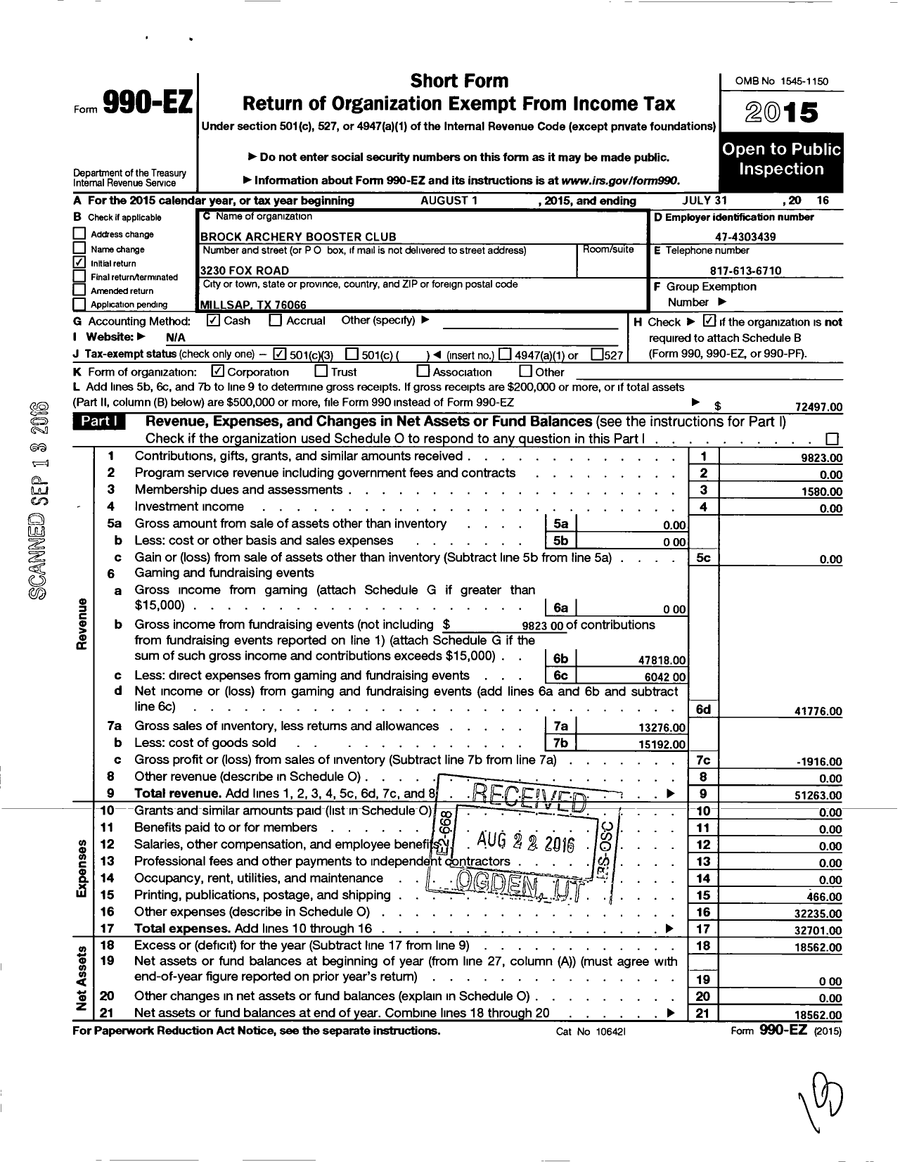 Image of first page of 2015 Form 990EZ for Brock Archery Club