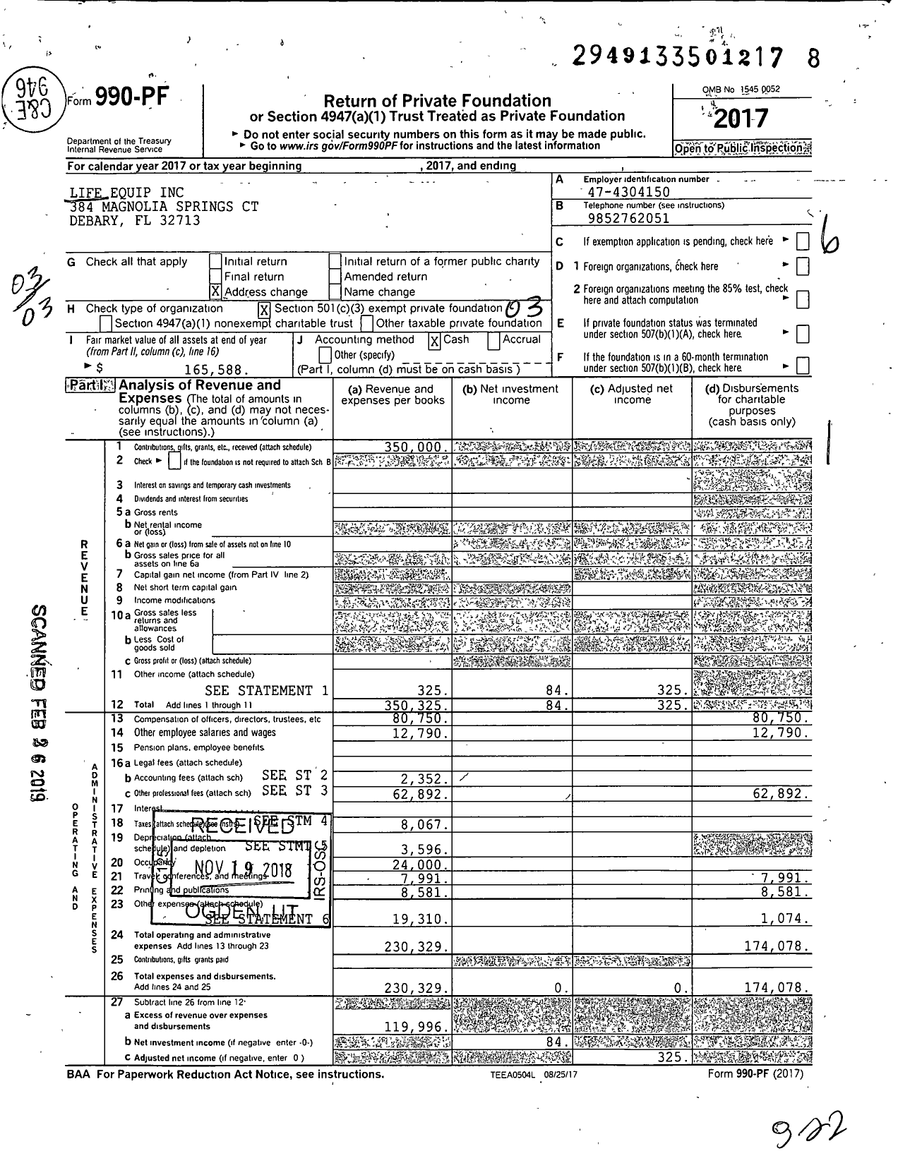 Image of first page of 2017 Form 990PF for Life Equip