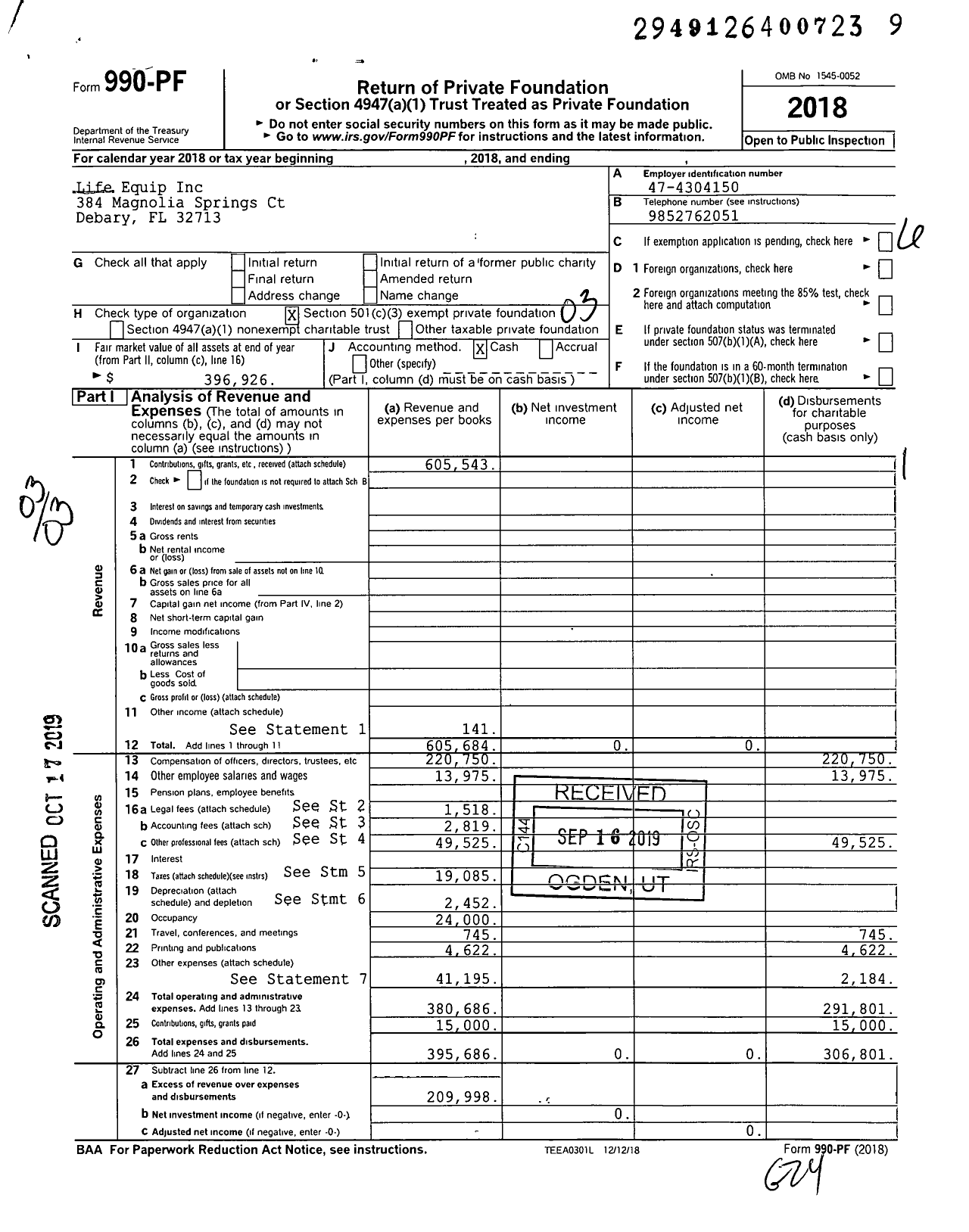 Image of first page of 2018 Form 990PF for Life Equip